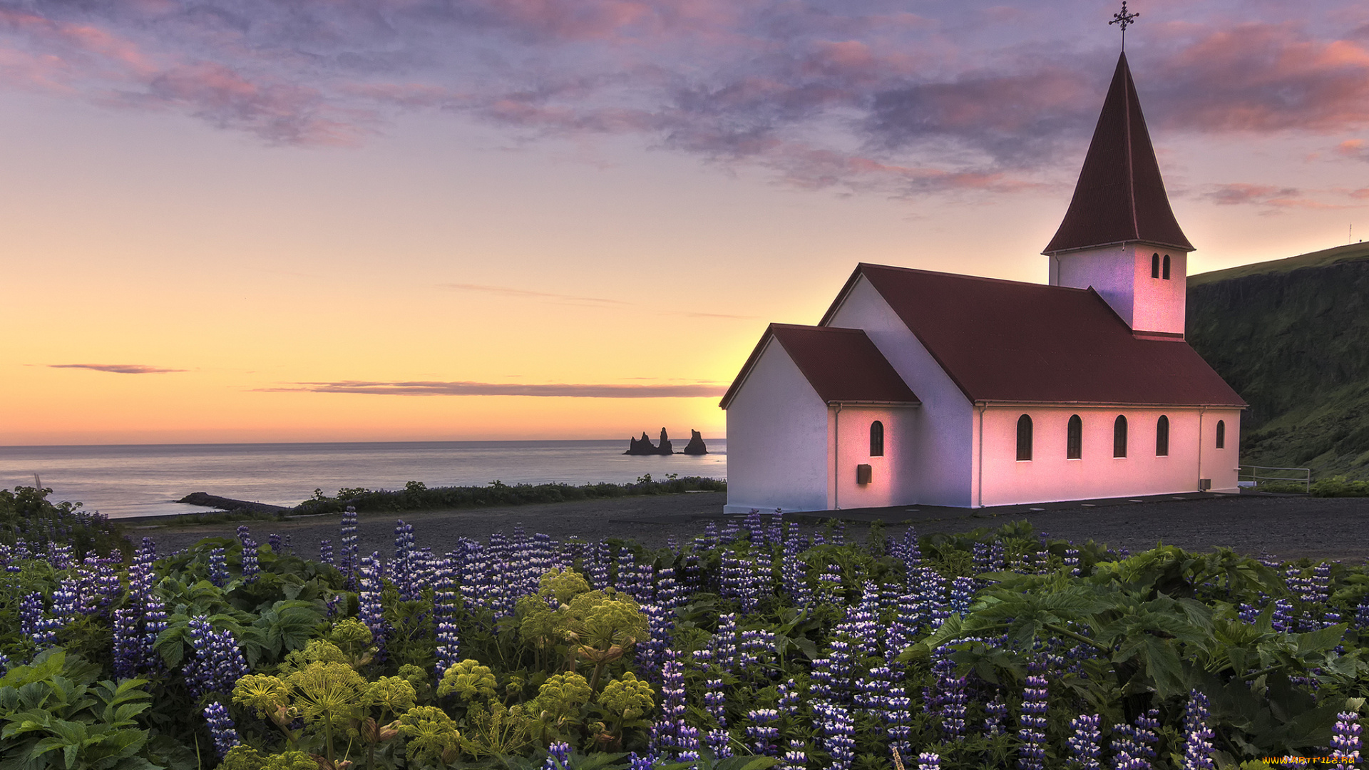 vik, myrdal, iceland, города, буддистские, другие, храмы, атлантический, океан, исландия, вик, atlantic, ocean, i, побережье, церковь, люпины, цветы