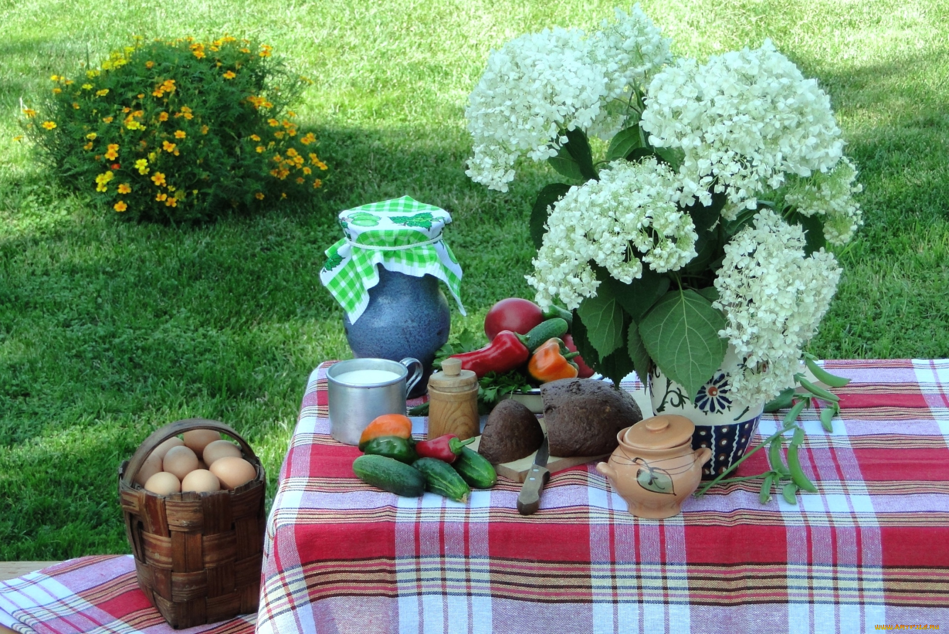 еда, натюрморт, яйца, хлеб, овощи, гортензия