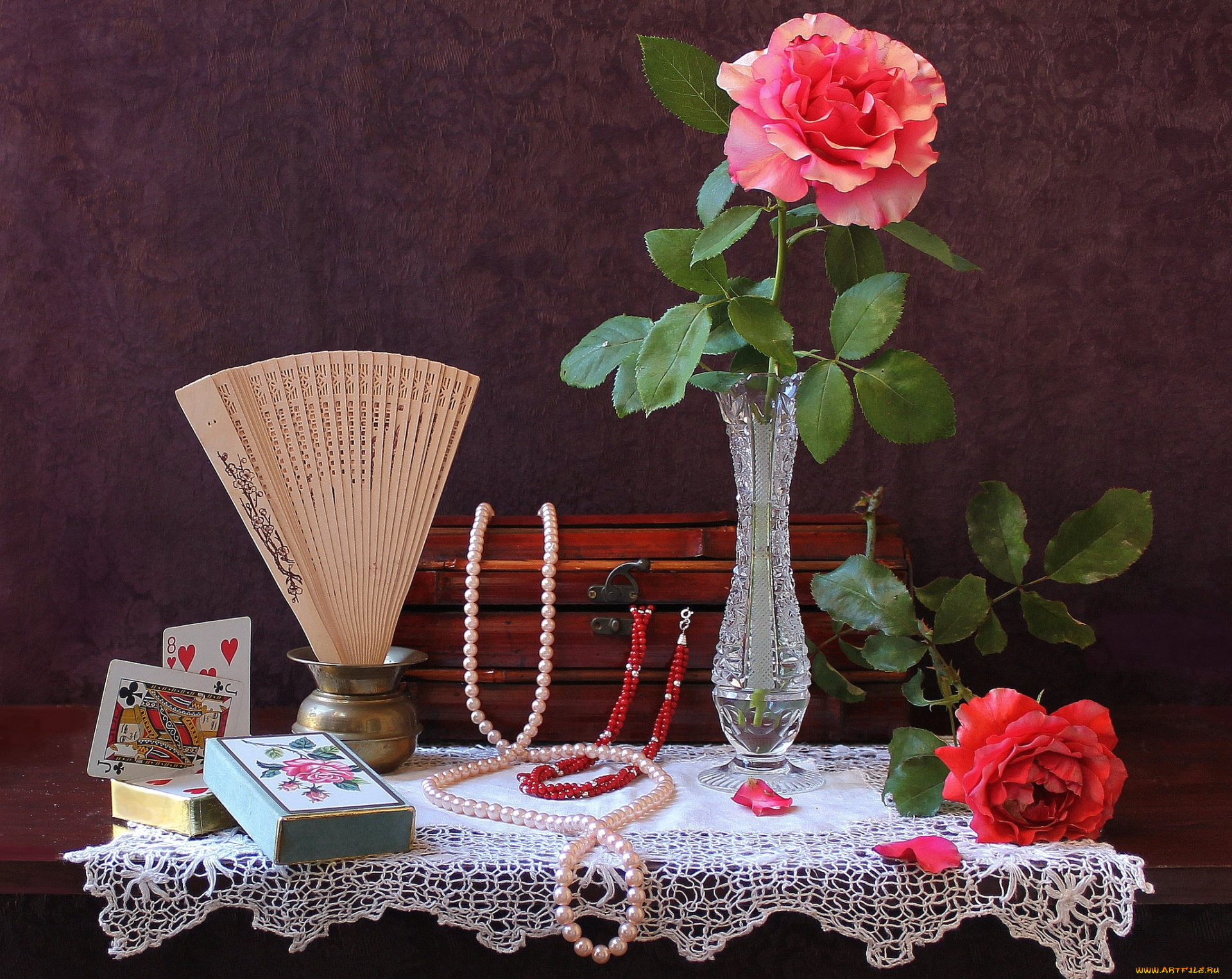 цветы, розы, карты, ожерелье, веер