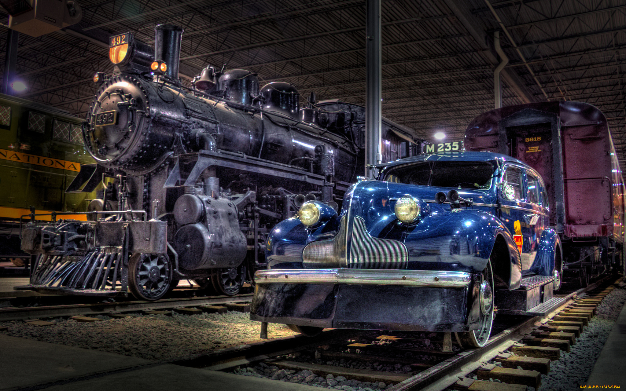 техника, паровозы, депо, рельсы, паровоз, авто, на, катках