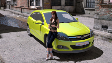 обоя автомобили, 3д, девушка, автомобиль