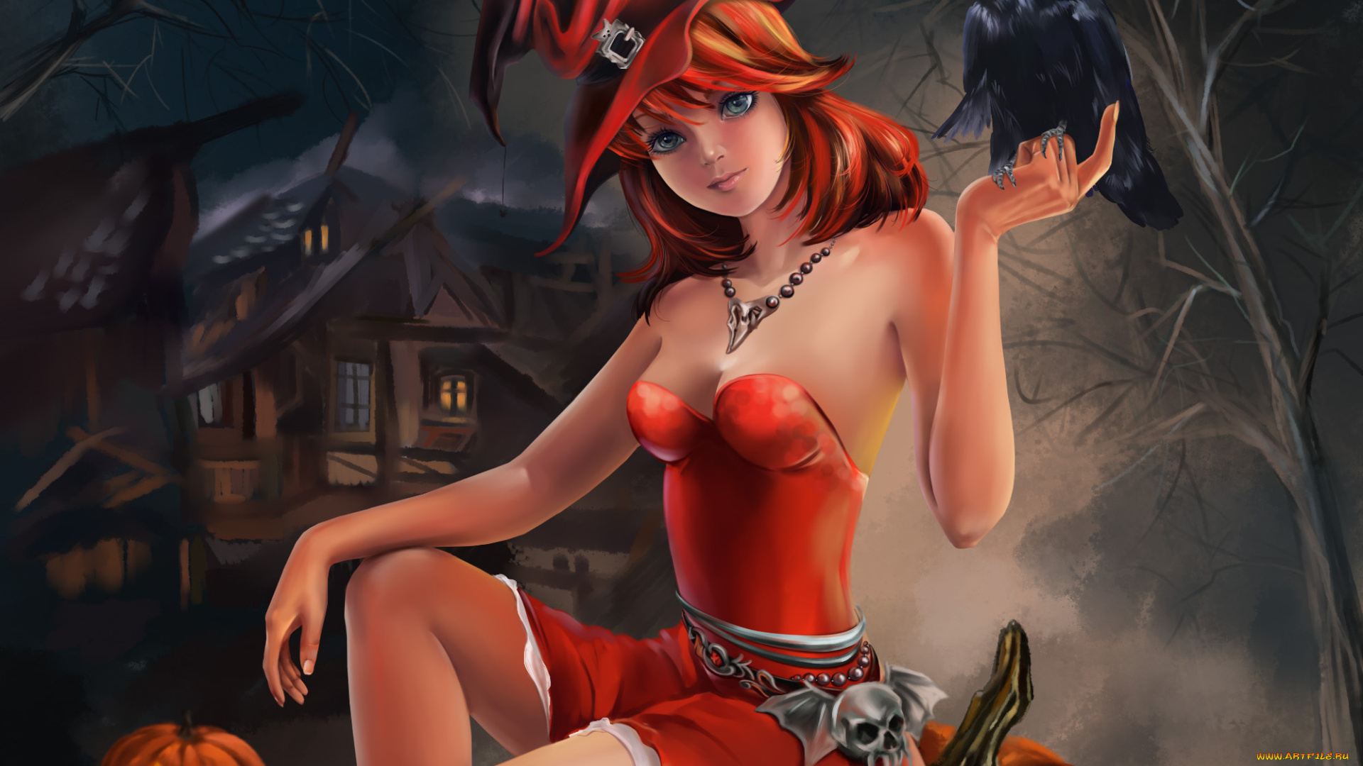 фэнтези, девушки, праздник, halloween, хэллоуин, ворон, тыква, сидит, девушка