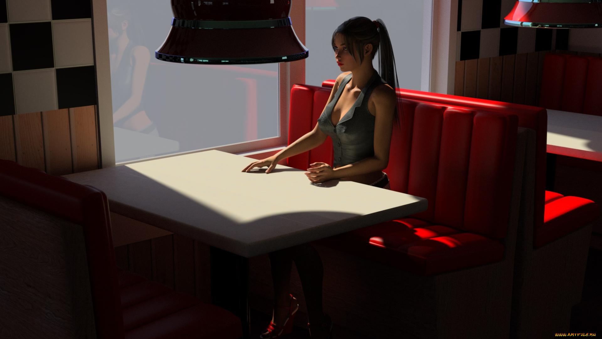 3д, графика, люди, , people, стол, фон, взгляд, девушка
