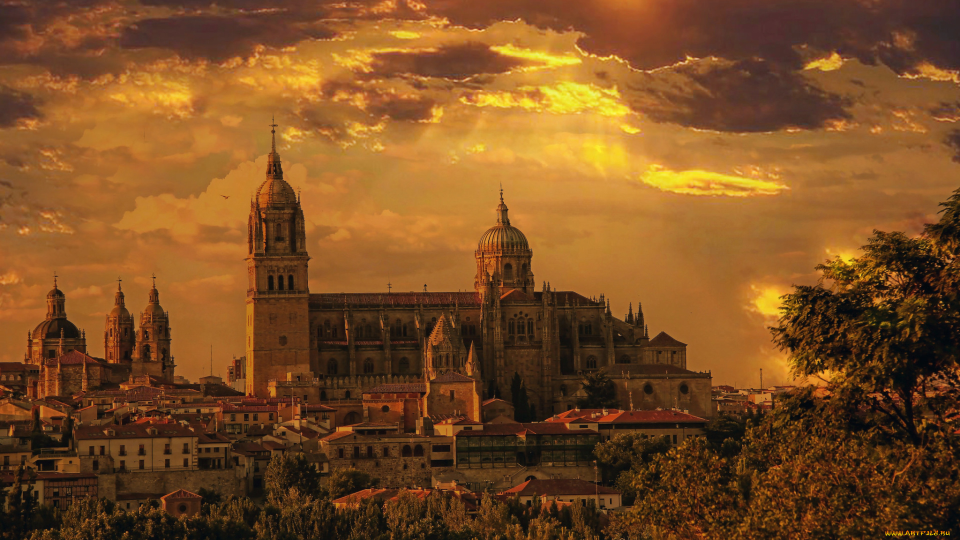 atardecer, en, salamanca, города, -, католические, соборы, , костелы, , аббатства, испания, собор