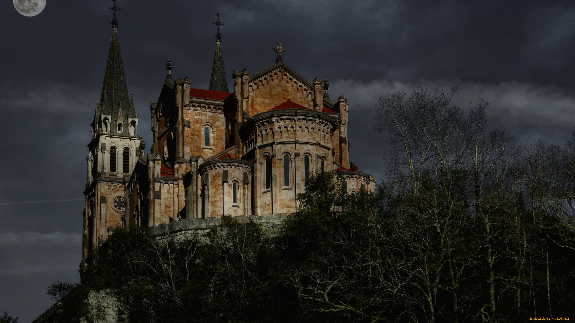 covadonga, города, -, католические, соборы, , костелы, , аббатства, ночь, холм, собор