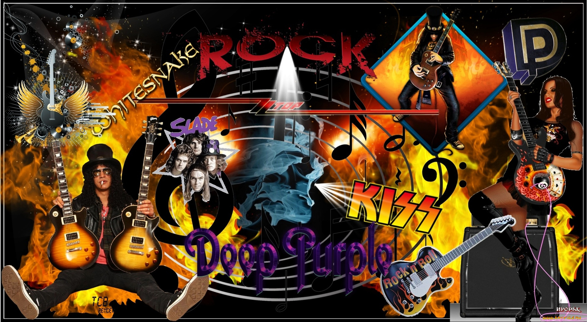 музыка, -, другое, гитаристы, девушка, слэш, музыканты, группы, названия, надписи, рок, коллаж