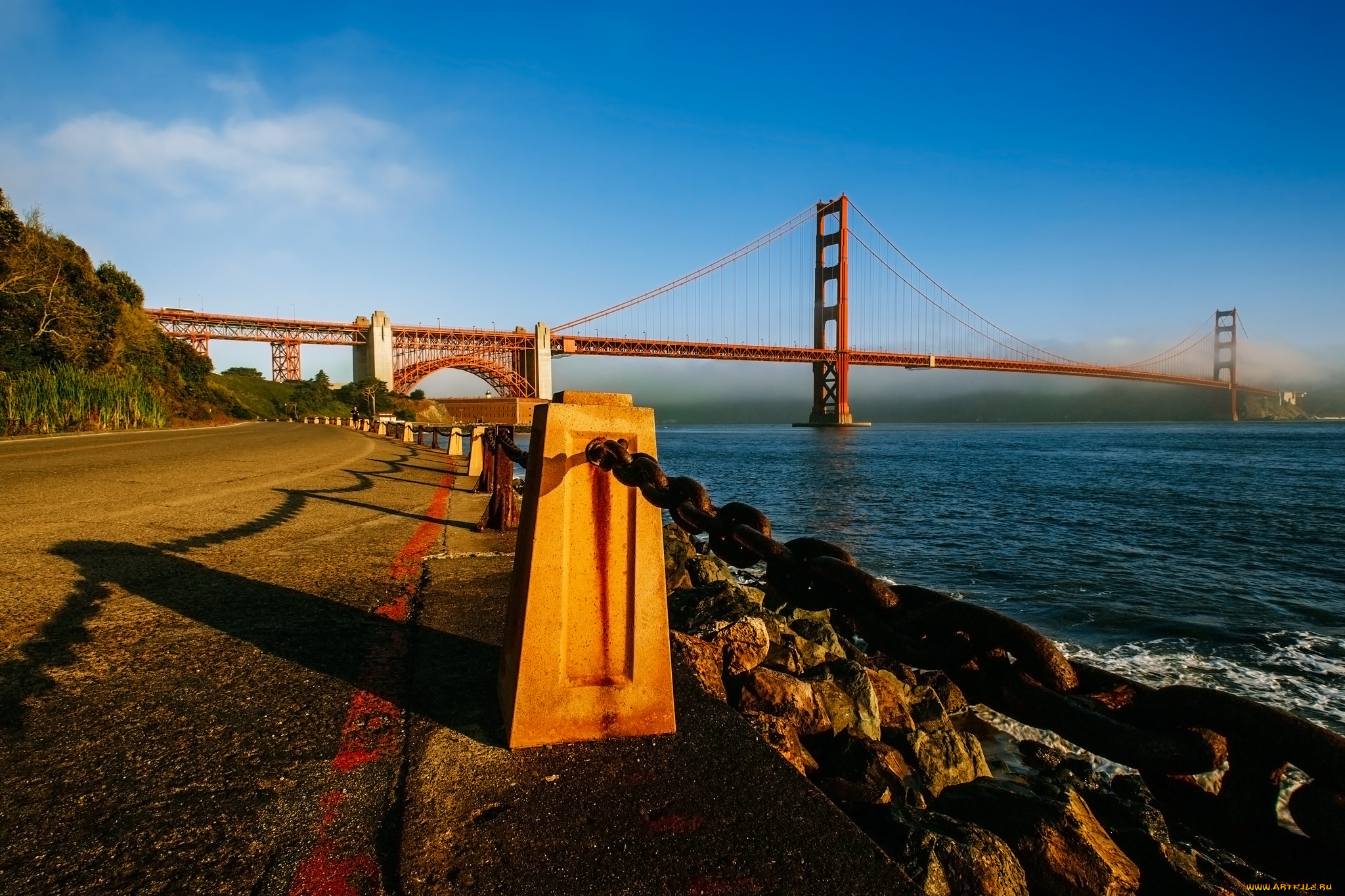 города, -, мосты, небо, золотые, ворота, мост, сан-франциско, цепь, дорога, залив