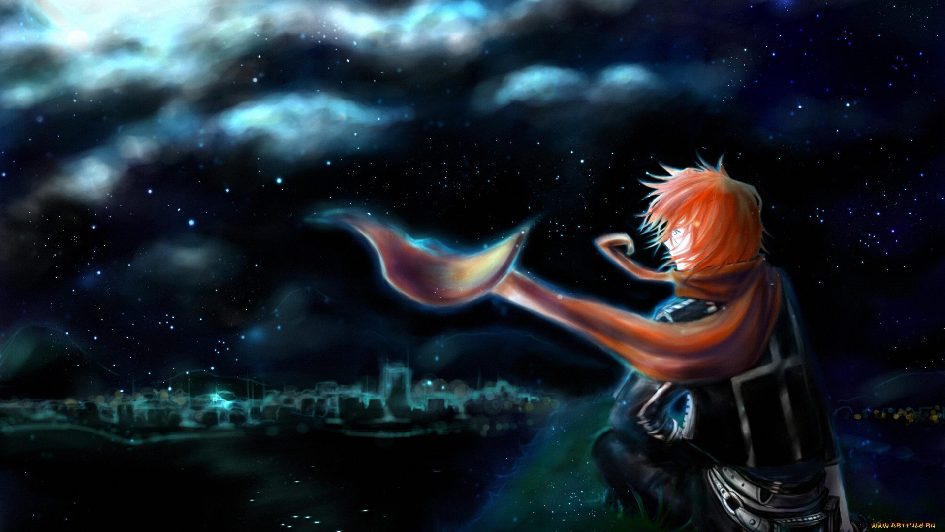 аниме, , gray-man, экзорцист, lavi, шарф, город, ночь, парень