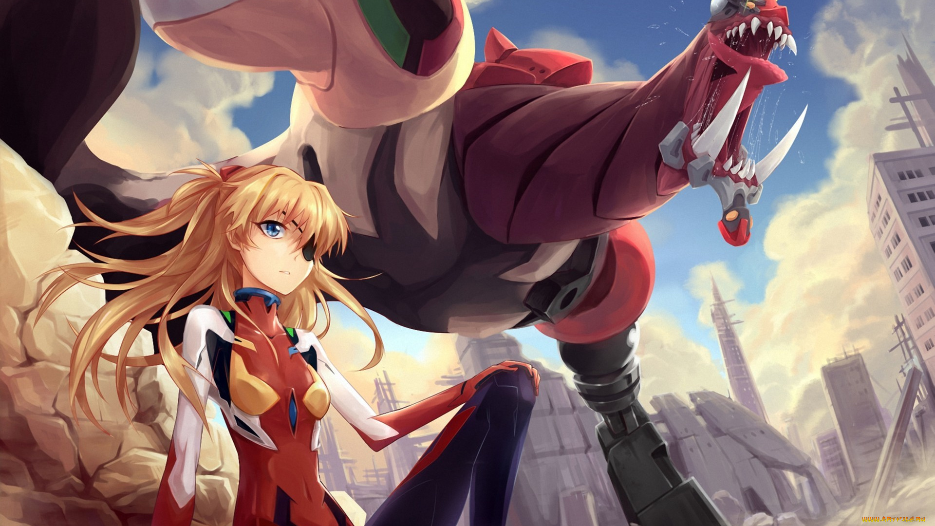 аниме, evangelion, меха, арт, tamaxi123, neon, genesis, soryu, asuka, langley, город, eva-02, девушка, робот