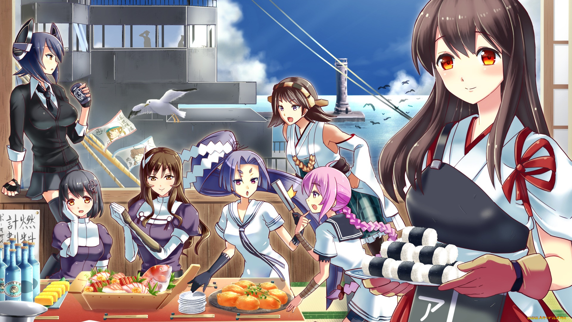 аниме, kantai, collection, девушки, взгляд, фон