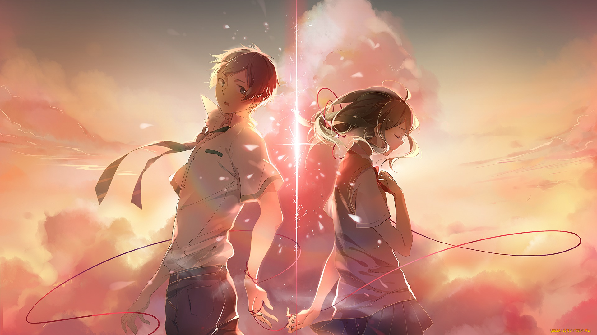 аниме, kimi, no, na, wa, девушка, взгляд, парень, фон