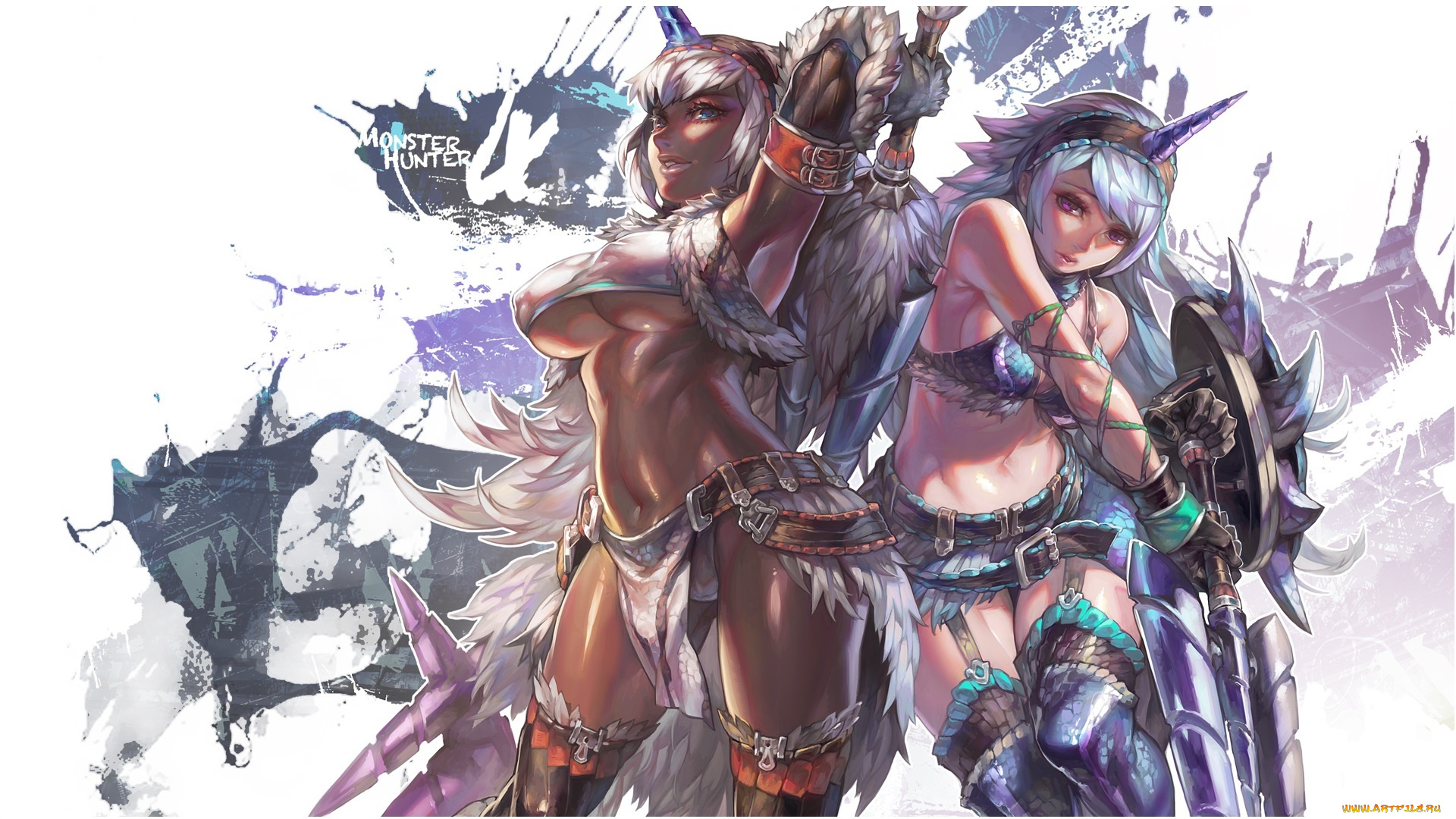 аниме, оружие, , техника, , технологии, чулки, меч, ёкай, monster, hunter, две, мех, art, game, перчатки, aoinhatsu, рога, полуголые, ремни, щит