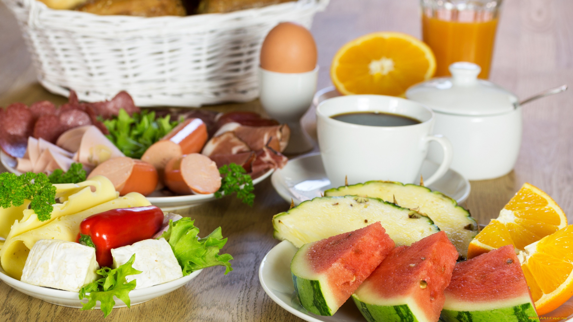 еда, разное, арбуз, апельсин, кофе, сыр, фрукты, колбаса, ананас, перец