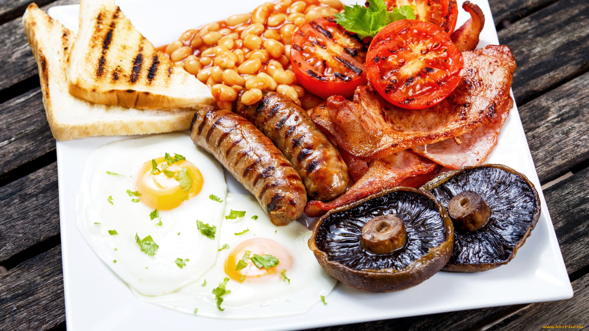 еда, разное, tomatoes, egg, sausage, бекон, грибы, мясо, фасоль, помидоры, хлеб, mushrooms, bacon, meat, яичница