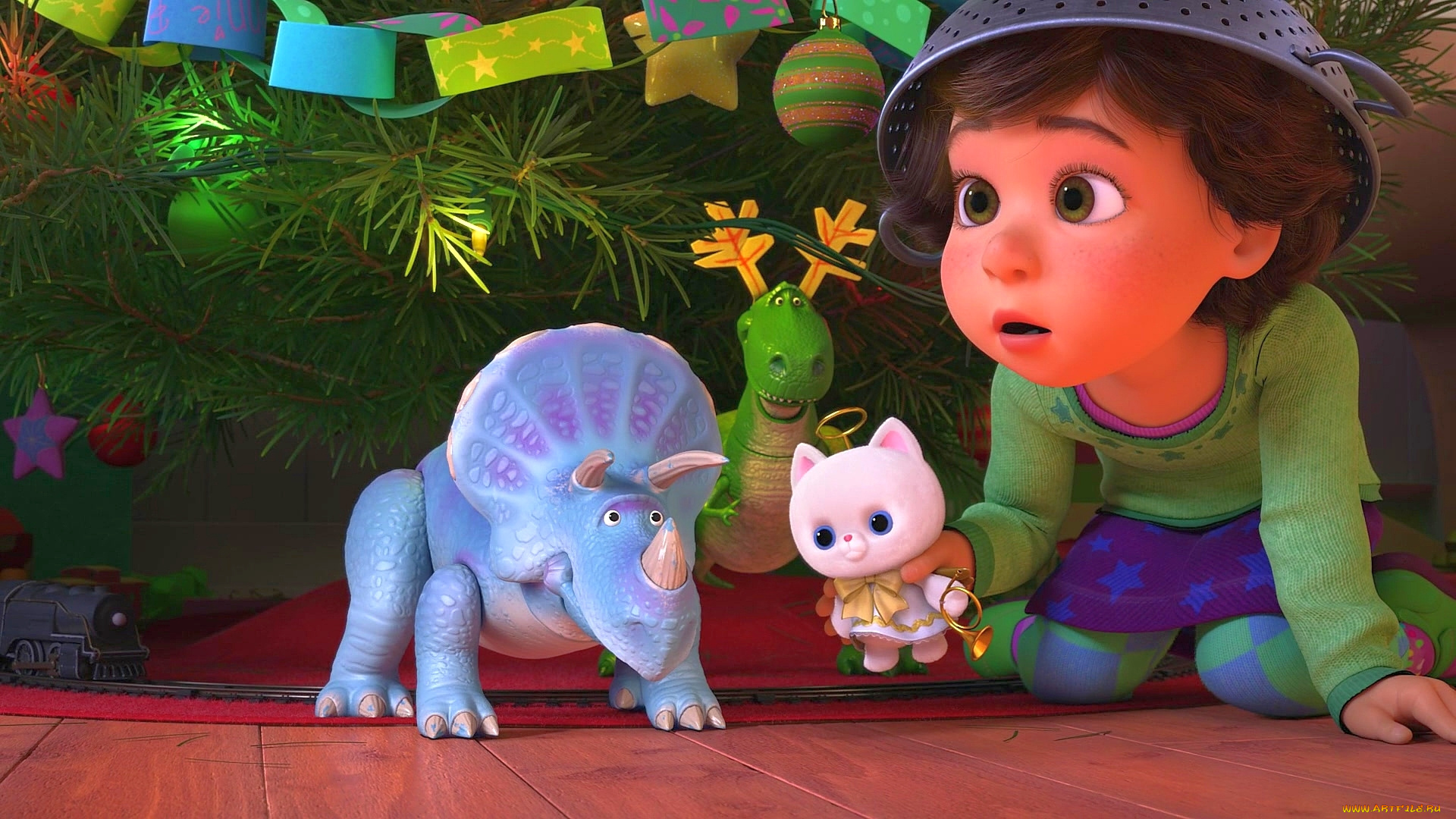 мультфильмы, toy, story, that, time, forgot, дуршлаг, кошка, динозавр, девочка, игрушка