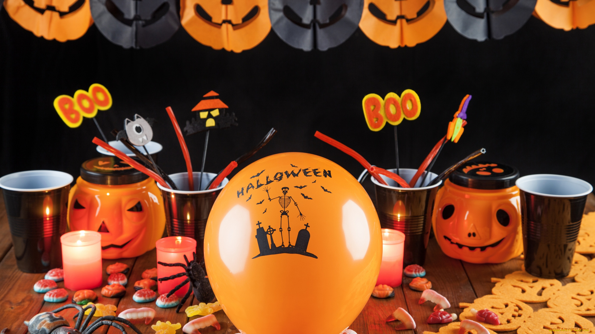 праздничные, хэллоуин, стаканы, гирлянда, праздник, тыква, свечи, мармелад, пауки