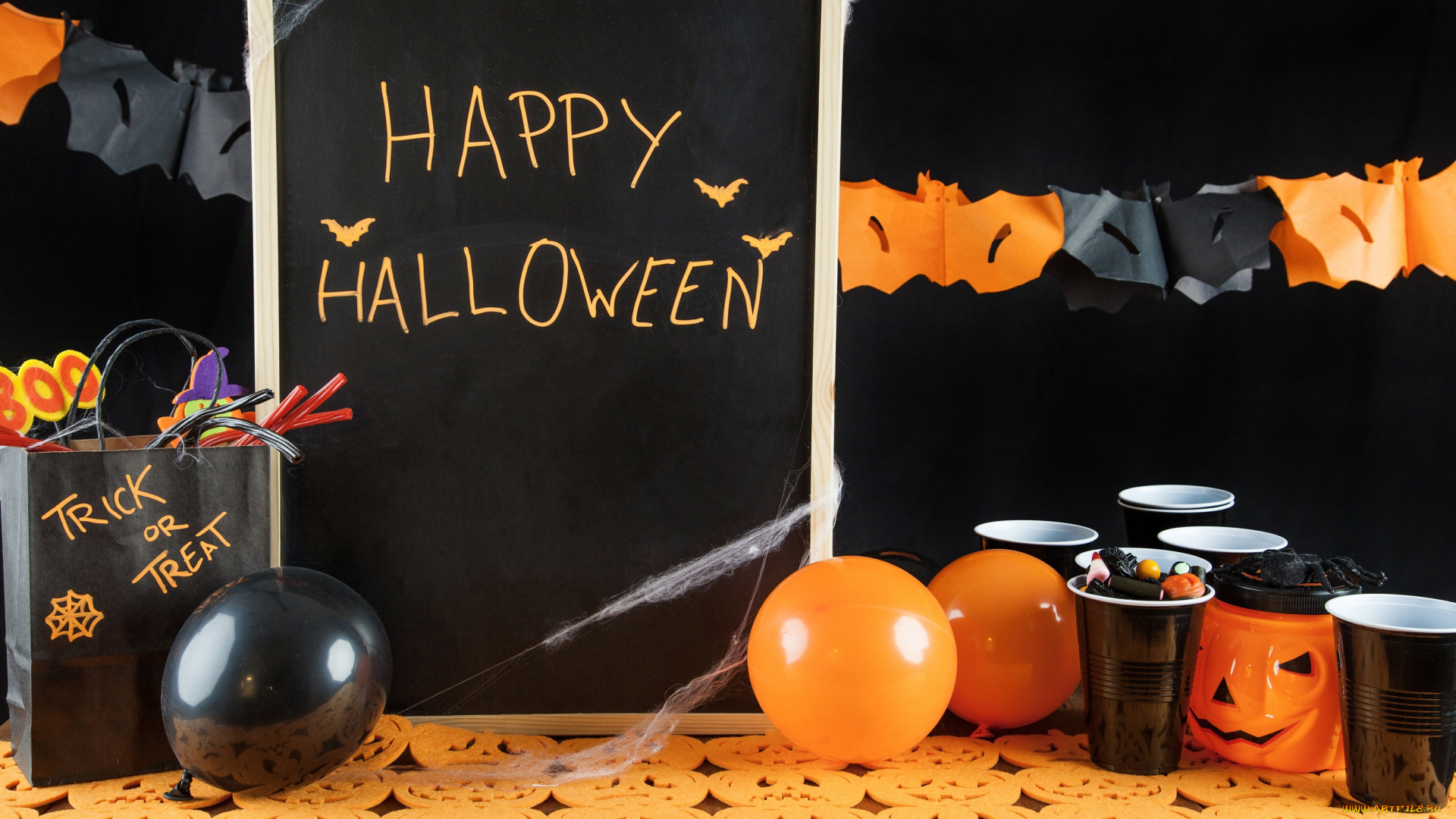 праздничные, хэллоуин, стаканы, мармелад, праздник, свечи, пауки, шар, тыква, гирлянда