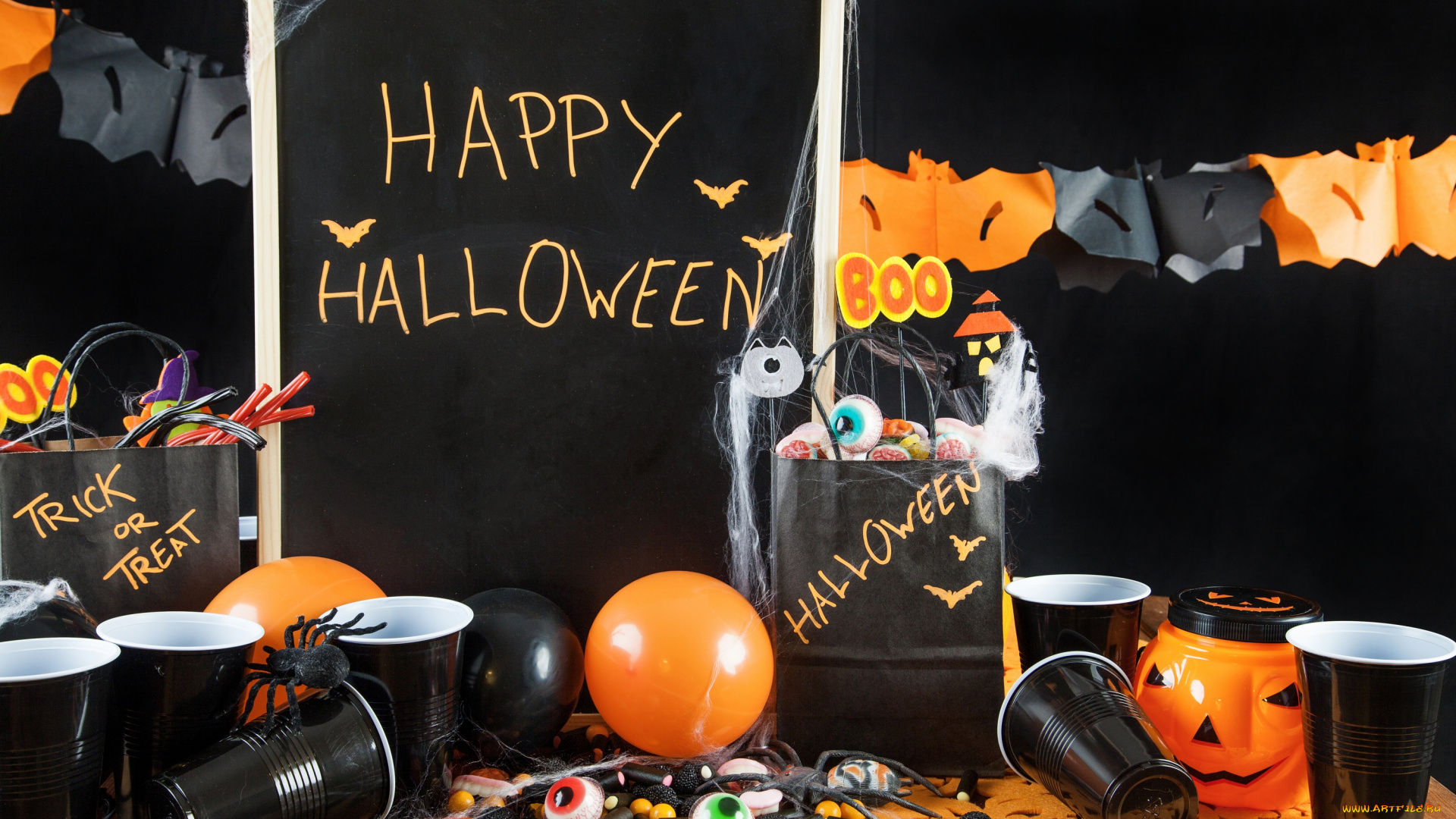 праздничные, хэллоуин, свечи, гирлянда, праздник, тыква, шар, стаканы, мармелад, пауки