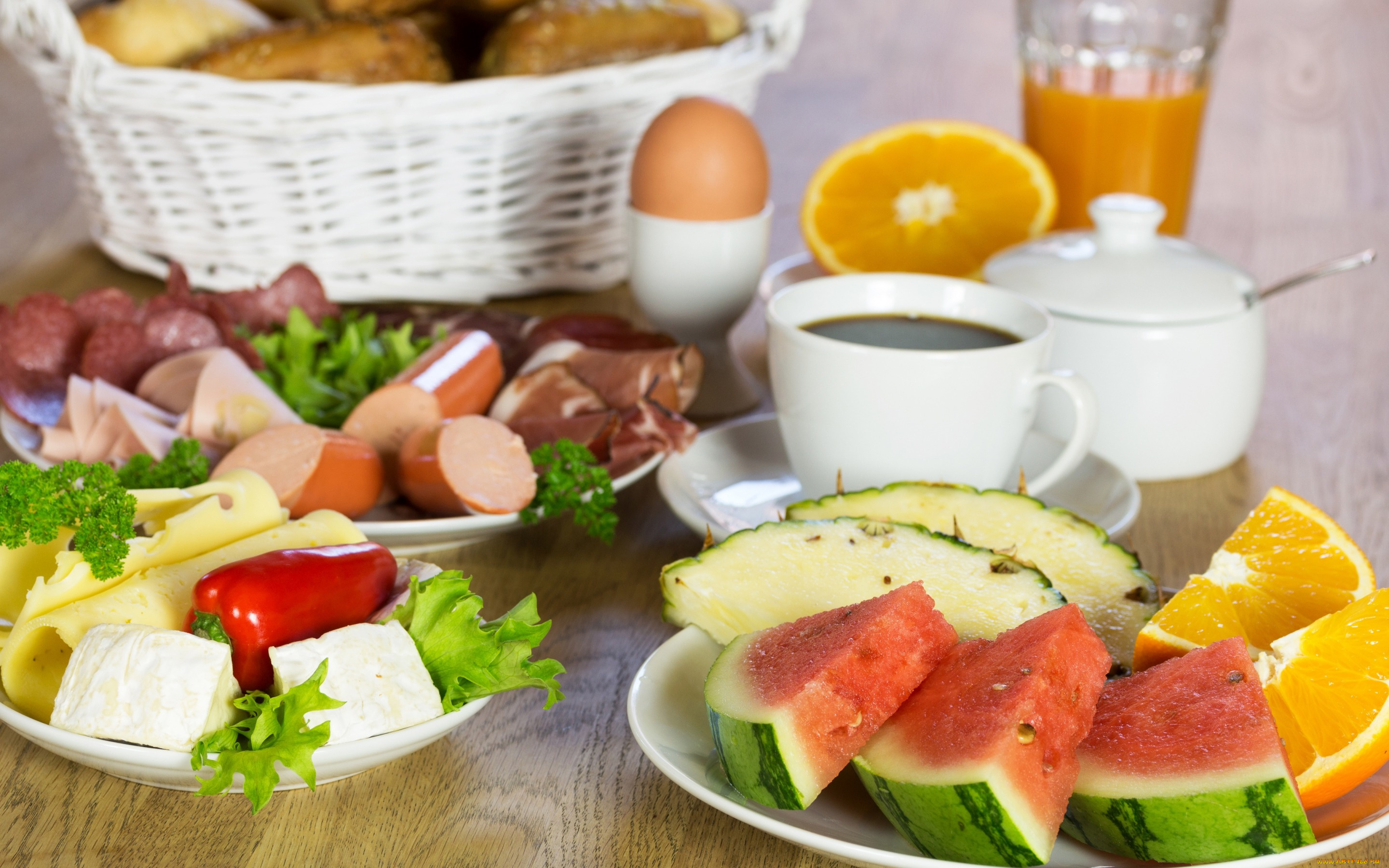 еда, разное, арбуз, апельсин, кофе, сыр, фрукты, колбаса, ананас, перец