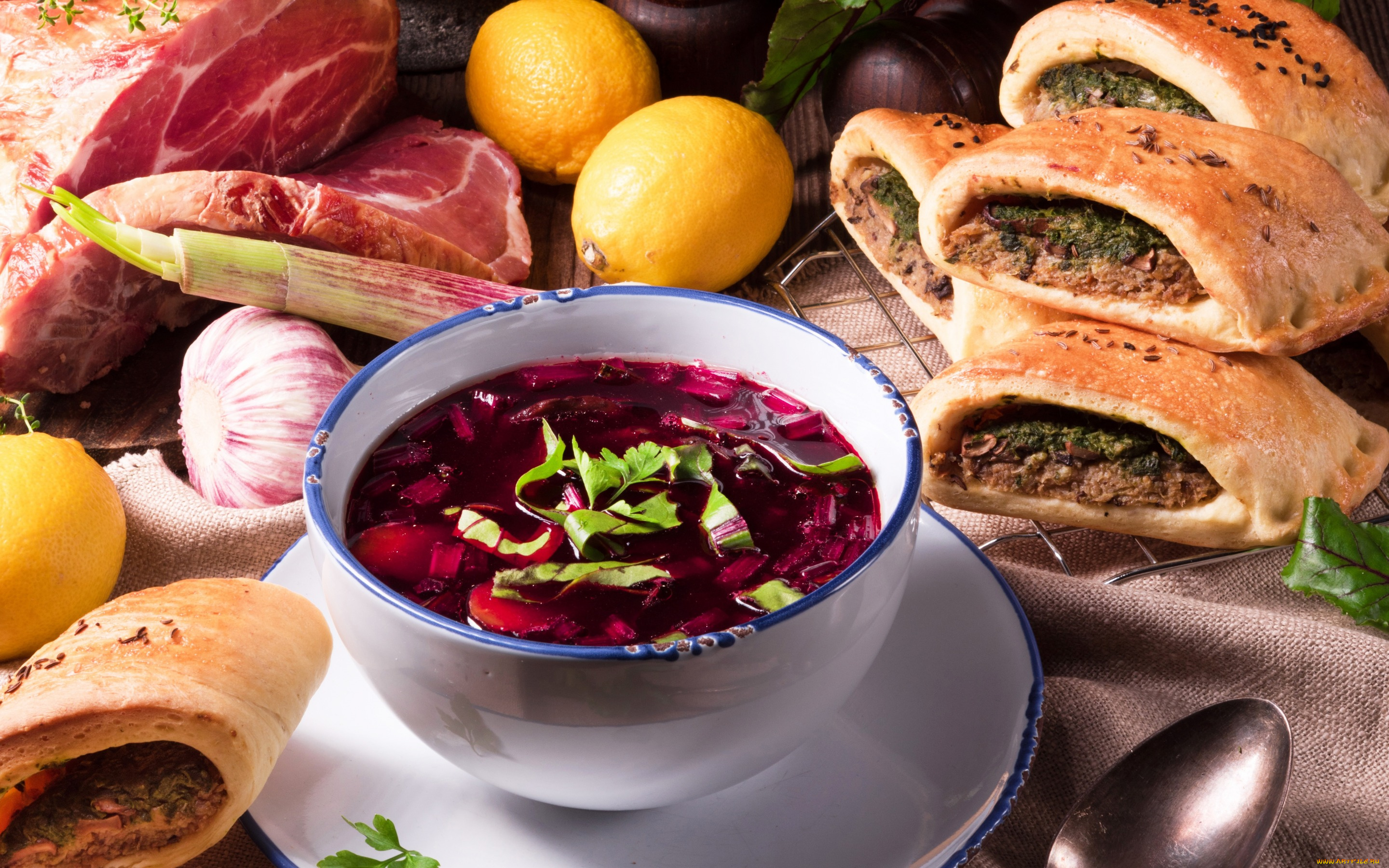 еда, разное, pies, meat, лимон, овощи, мясо, пирожки, суп