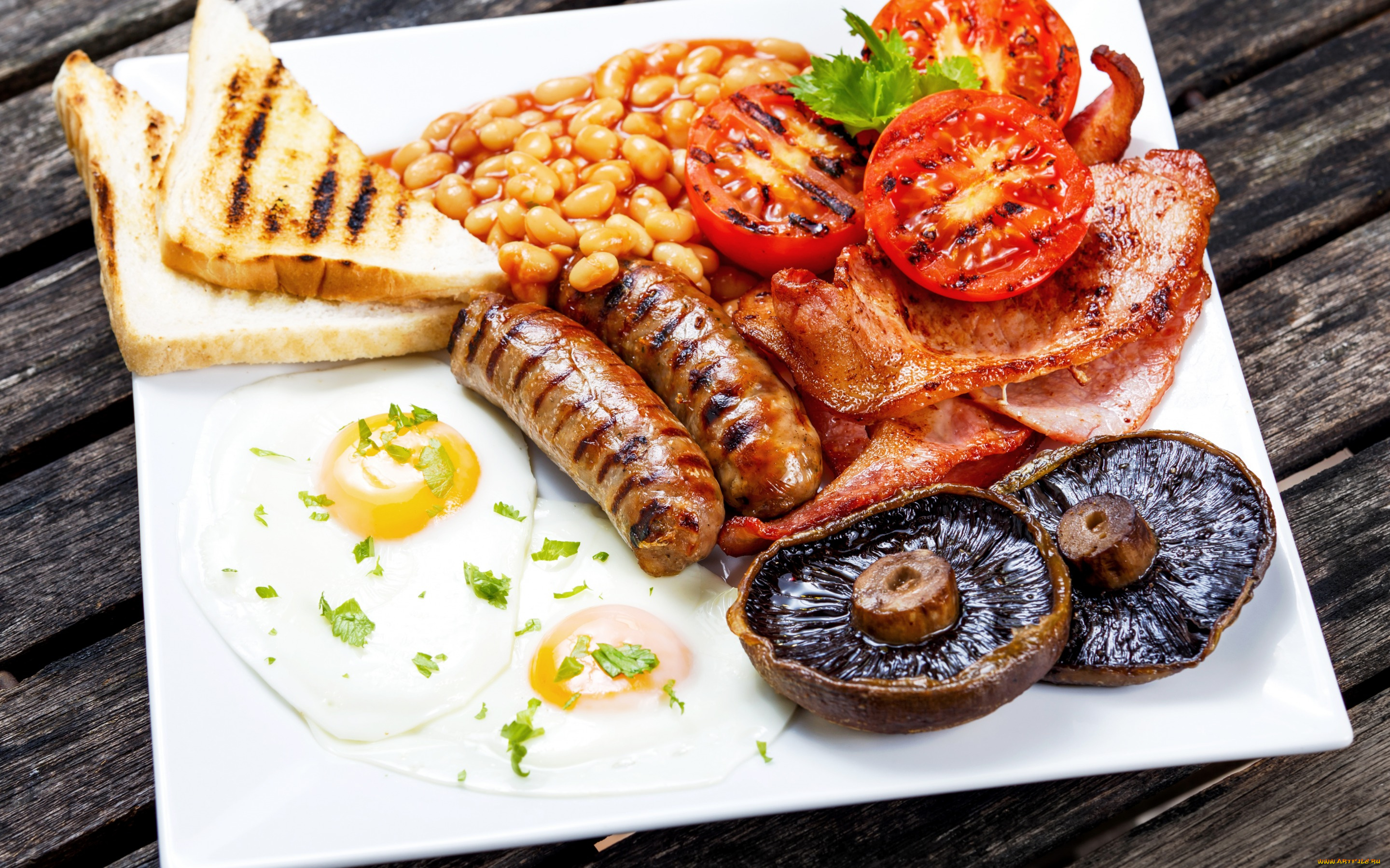 еда, разное, tomatoes, egg, sausage, бекон, грибы, мясо, фасоль, помидоры, хлеб, mushrooms, bacon, meat, яичница