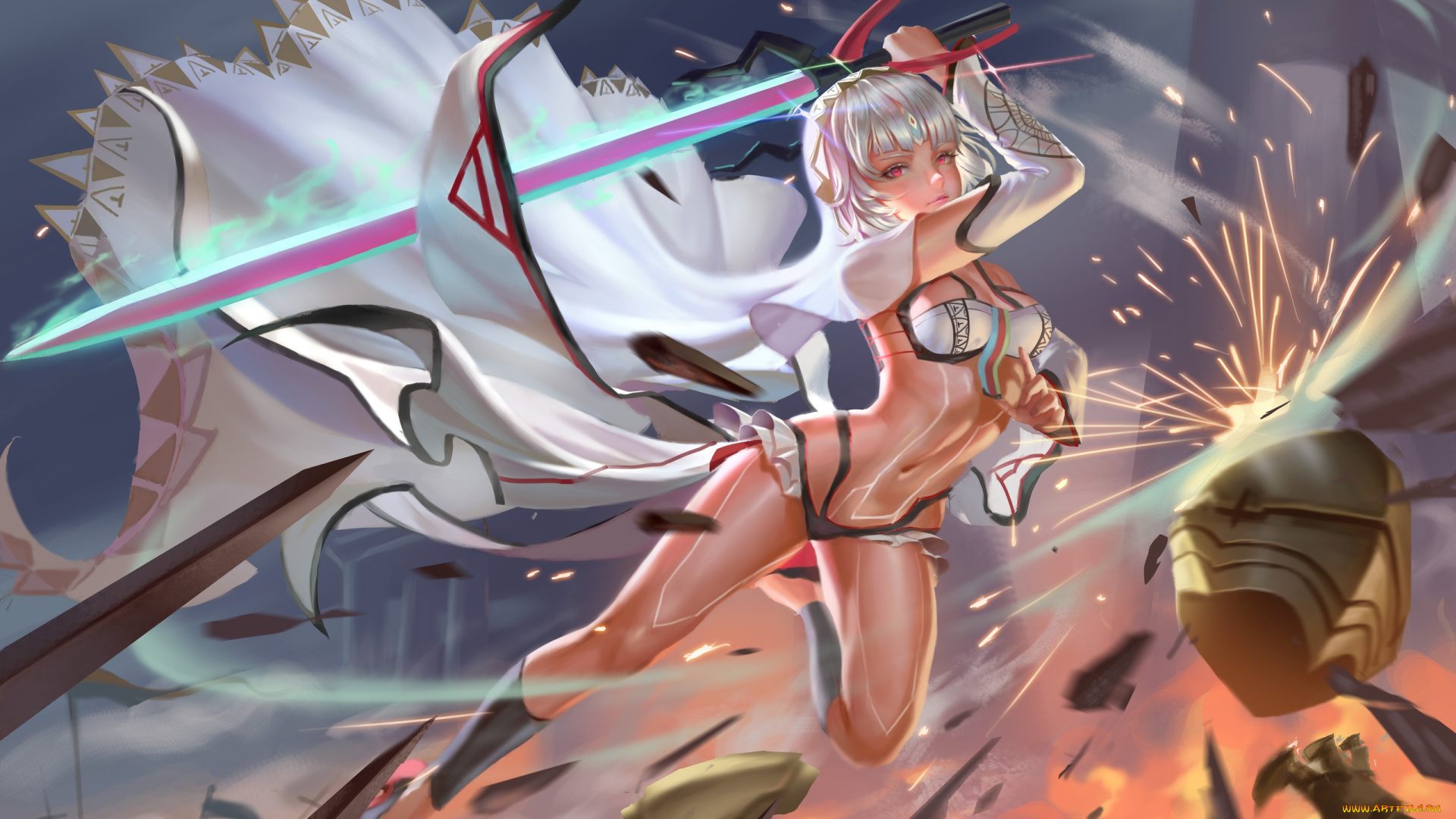 аниме, оружие, , техника, , технологии, прыжок, меч, плащ, враги, девушка