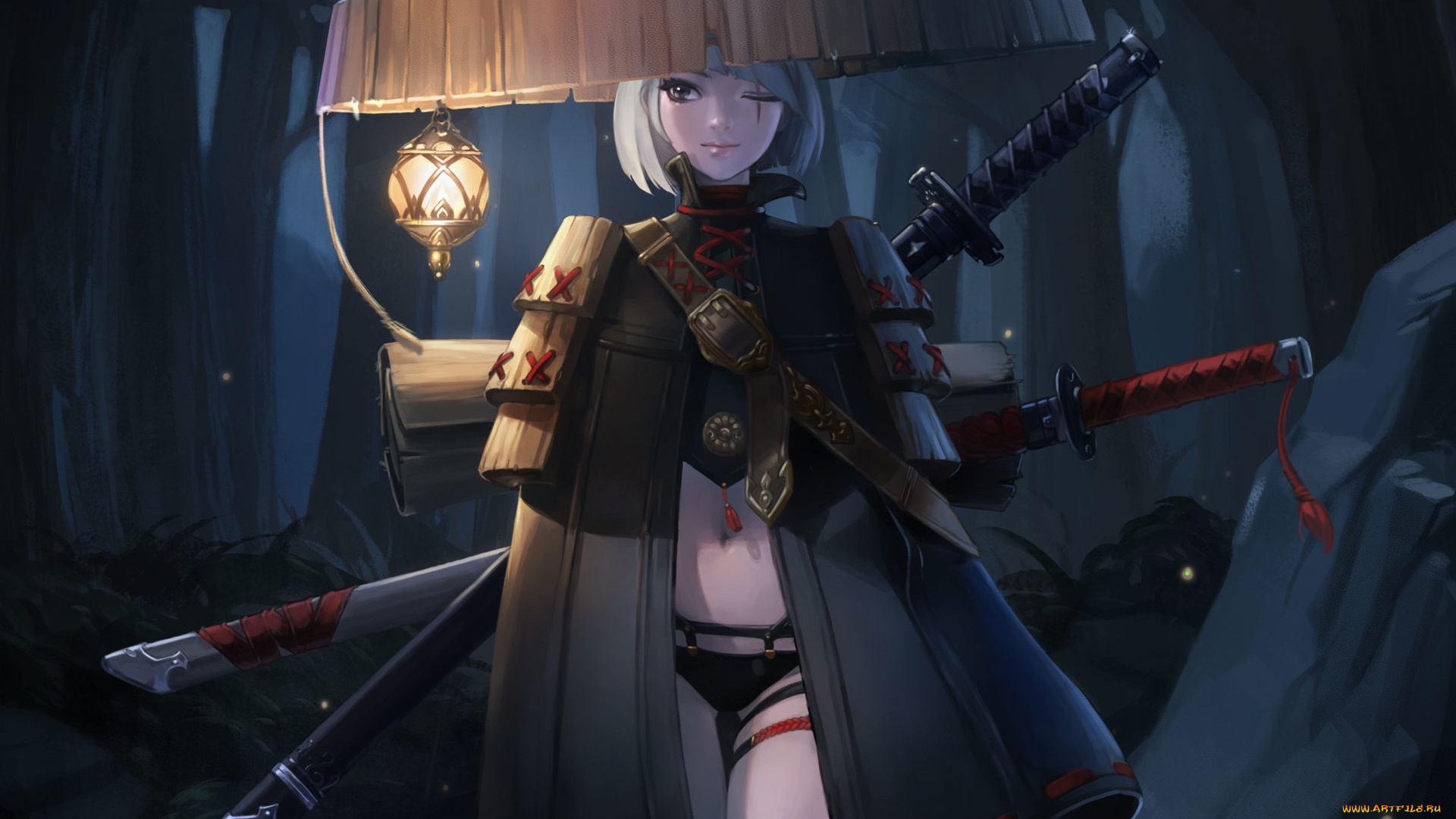 аниме, оружие, , техника, , технологии, ремень, фонарь, арт, ночь, япония, девушка, взгляд