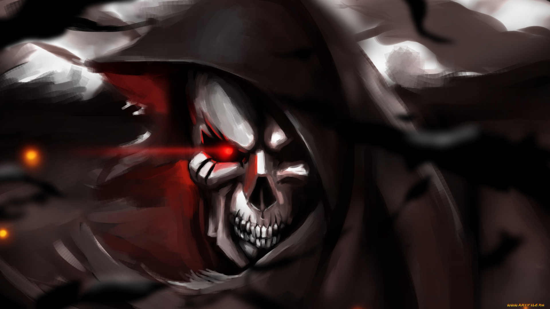 аниме, overlord, капюшон, череп, фэнтези, скелет, арт