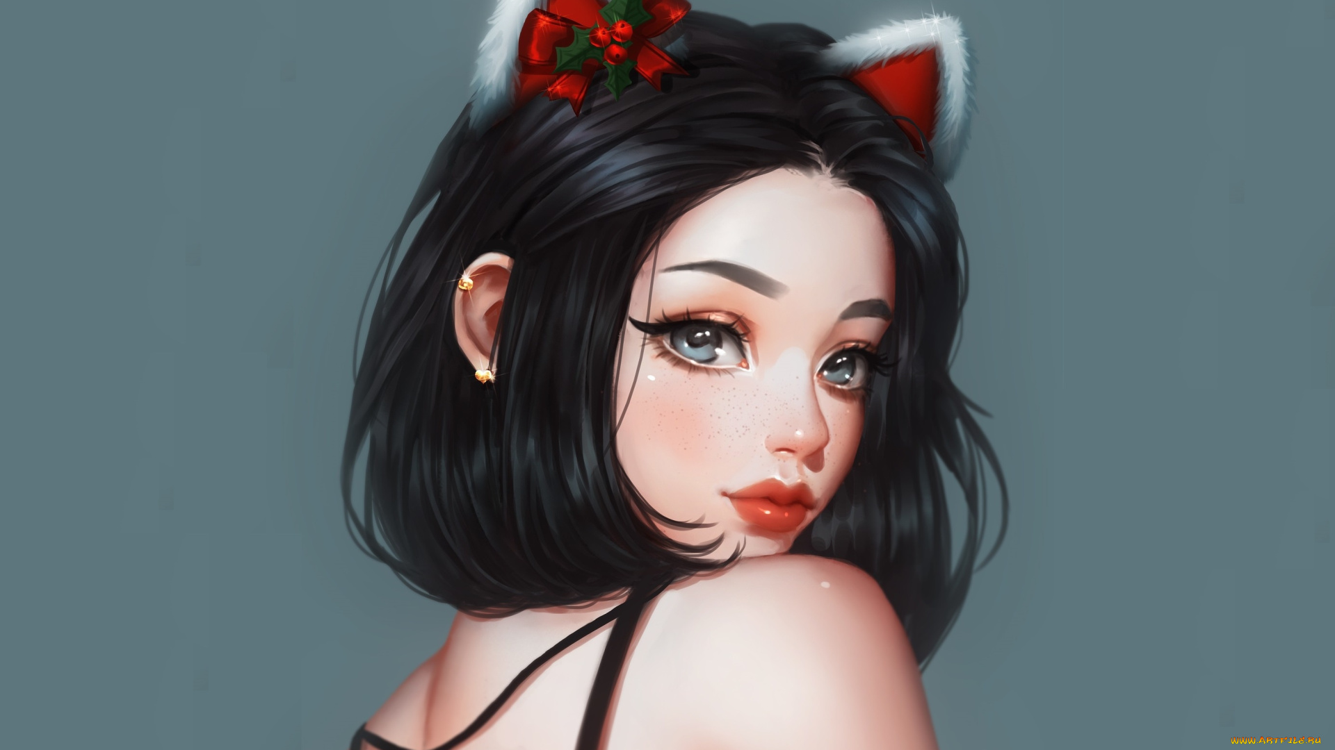 аниме, животные, , существа, взгляд, девушка, лицо, фон, спина, арт, christmas, ушки