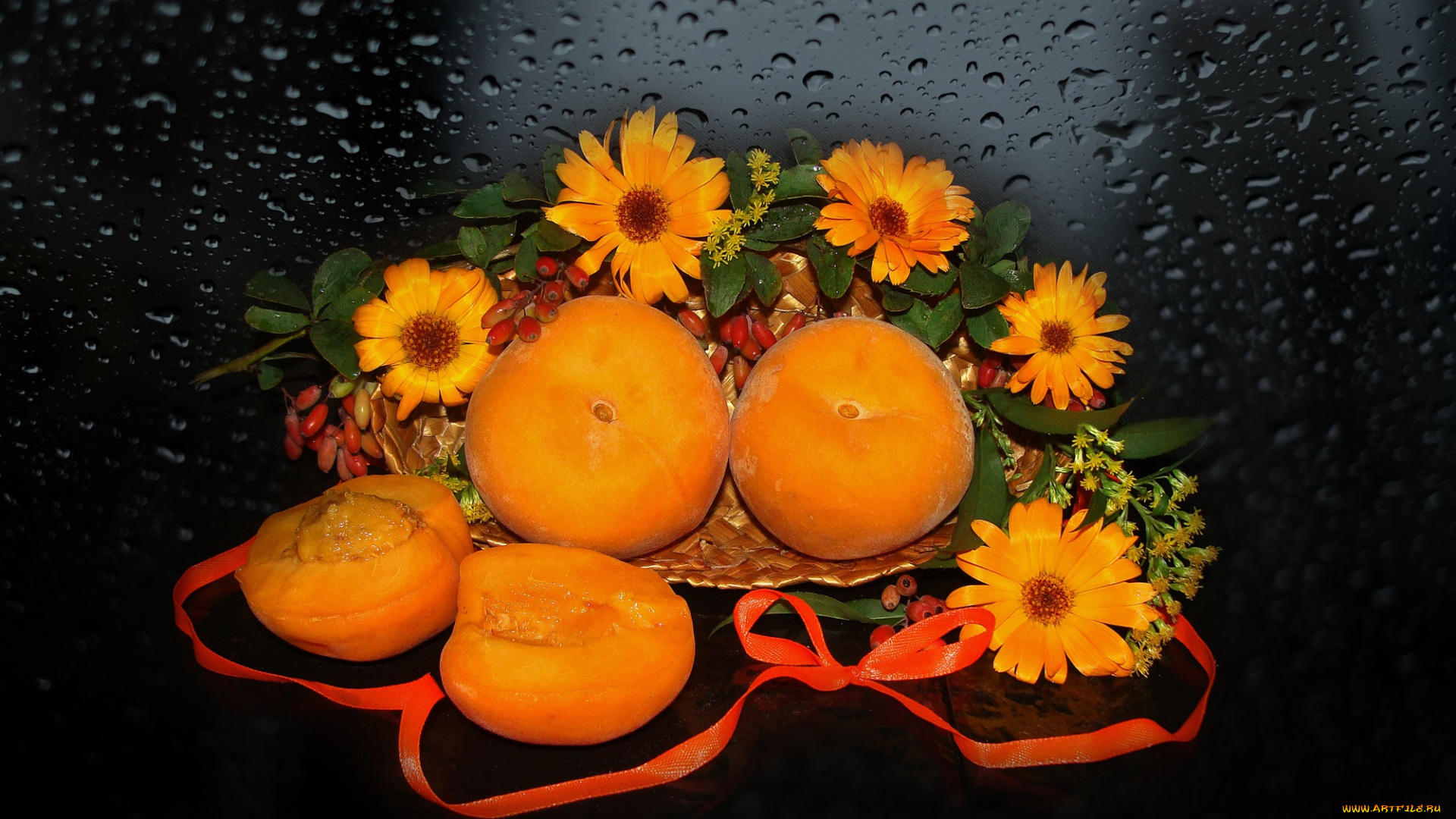 еда, персики, , сливы, , абрикосы, корзинка, красота, ромашки, природа, цветы, beauty, beautiful, harmony, красивые, настроение