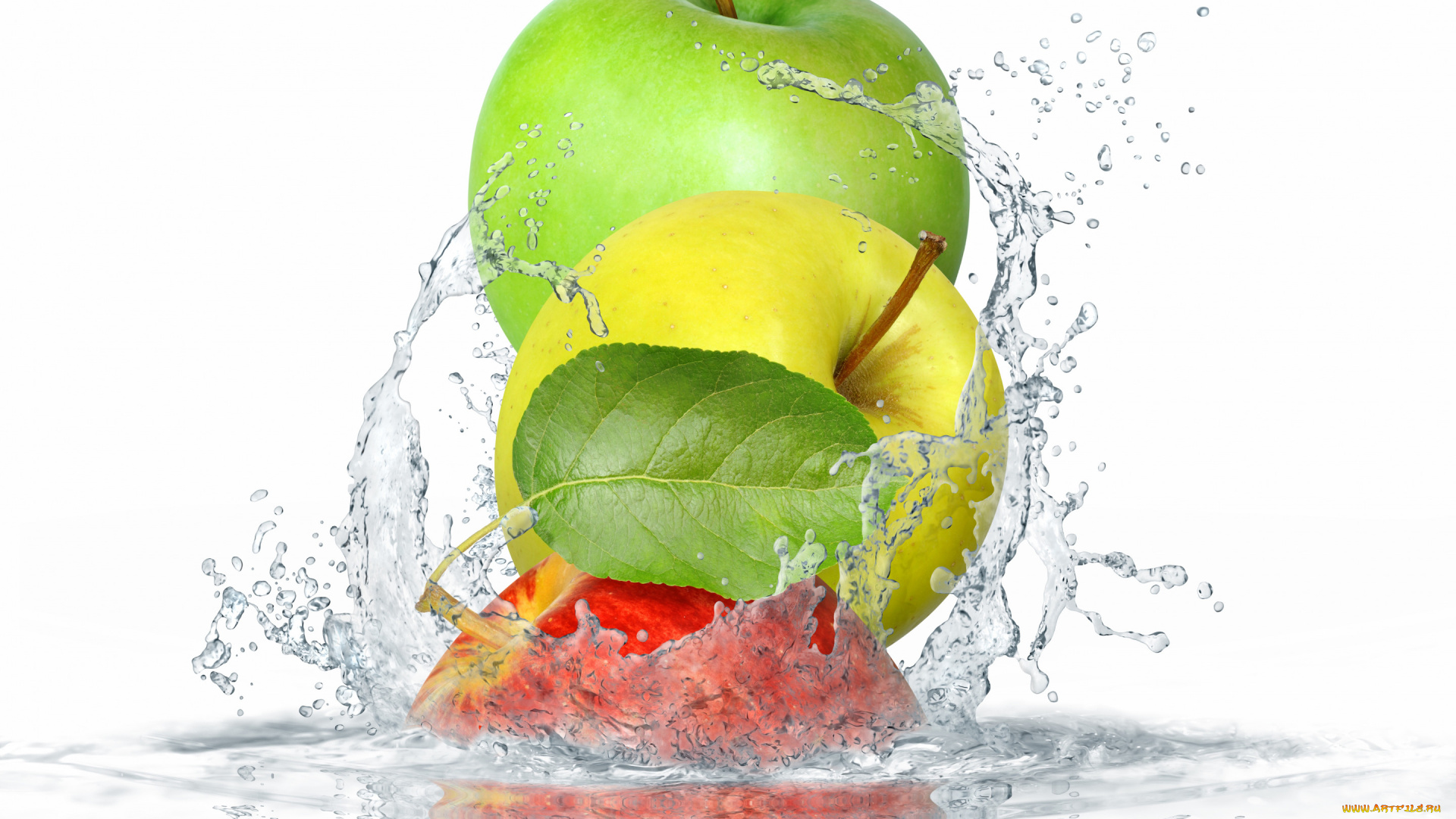 еда, Яблоки, листья, вода, яблоки, брызги