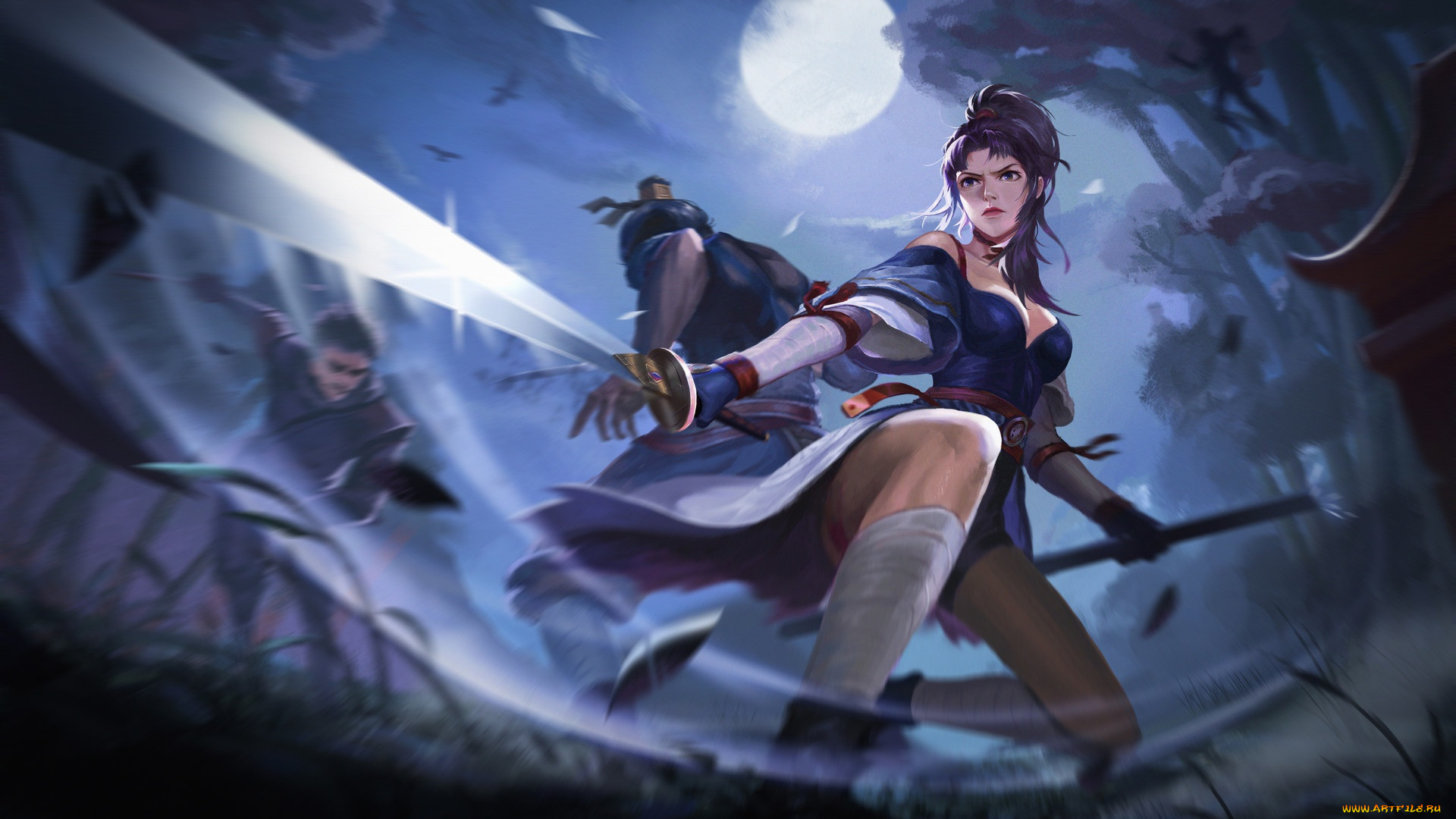 фэнтези, девушки, аниме, бой, луна, оружие, поза, ночь, девушка, взгляд, арт