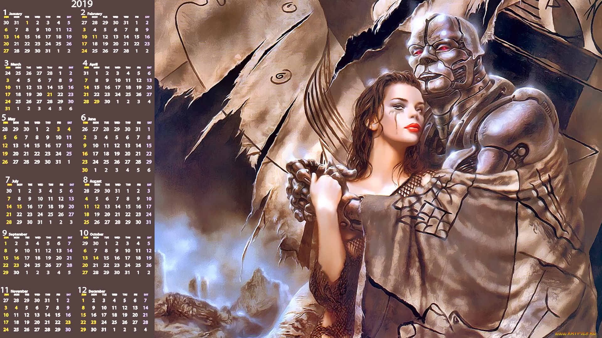 календари, фэнтези, ласка, чувство, девушка, взгляд, робот