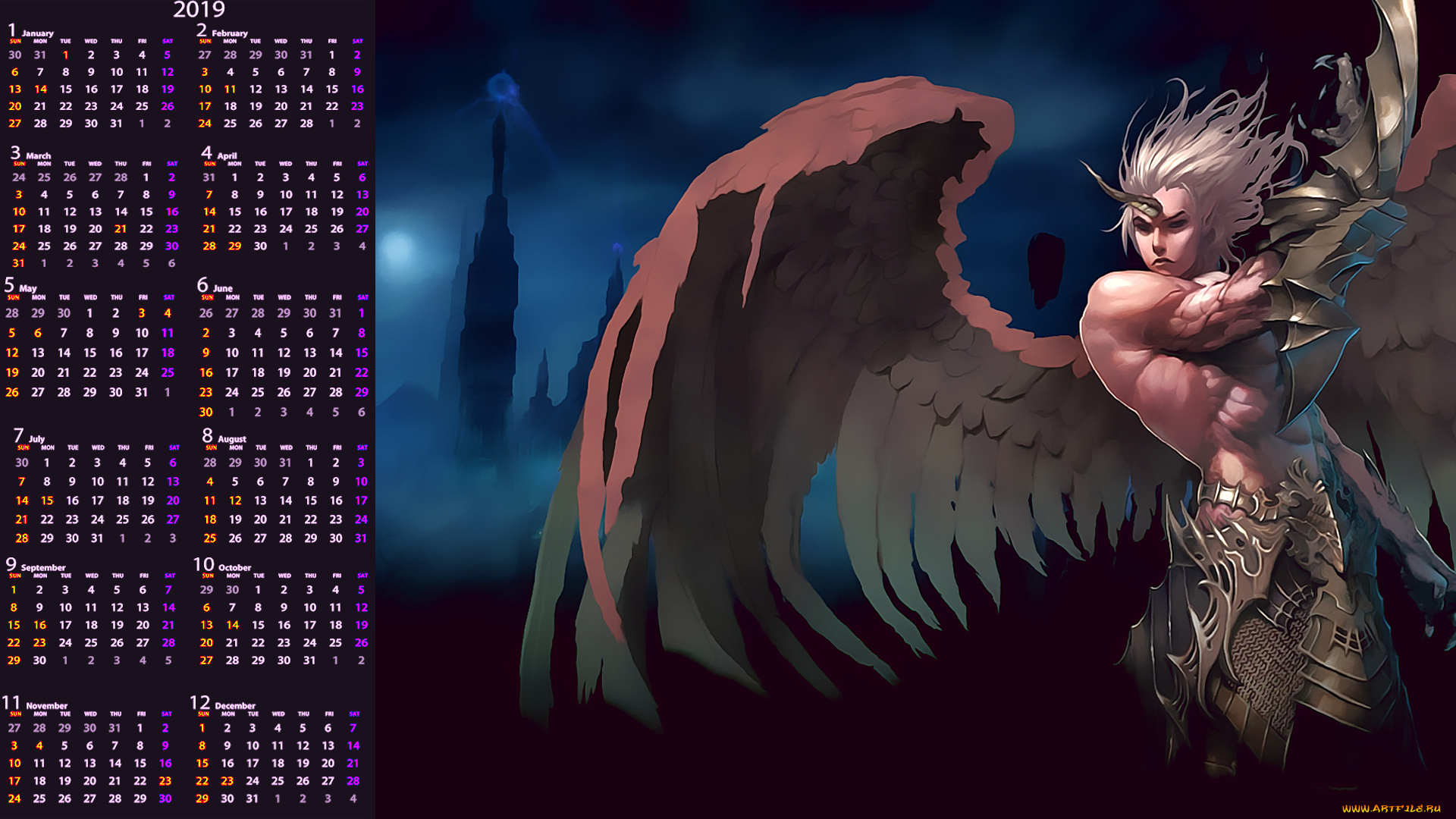 календари, фэнтези, мужчина, рог, крылья, взгляд