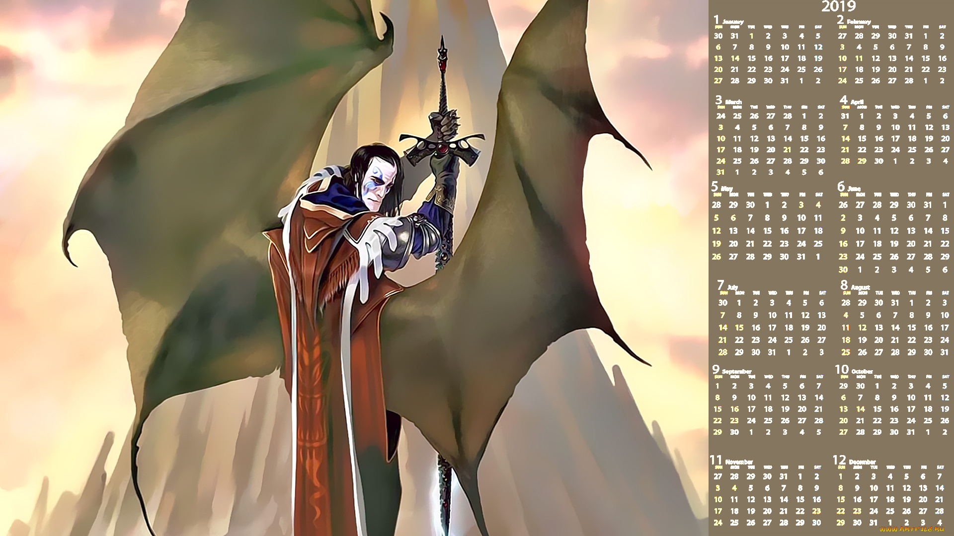 календари, фэнтези, оружие, мужчина, крылья