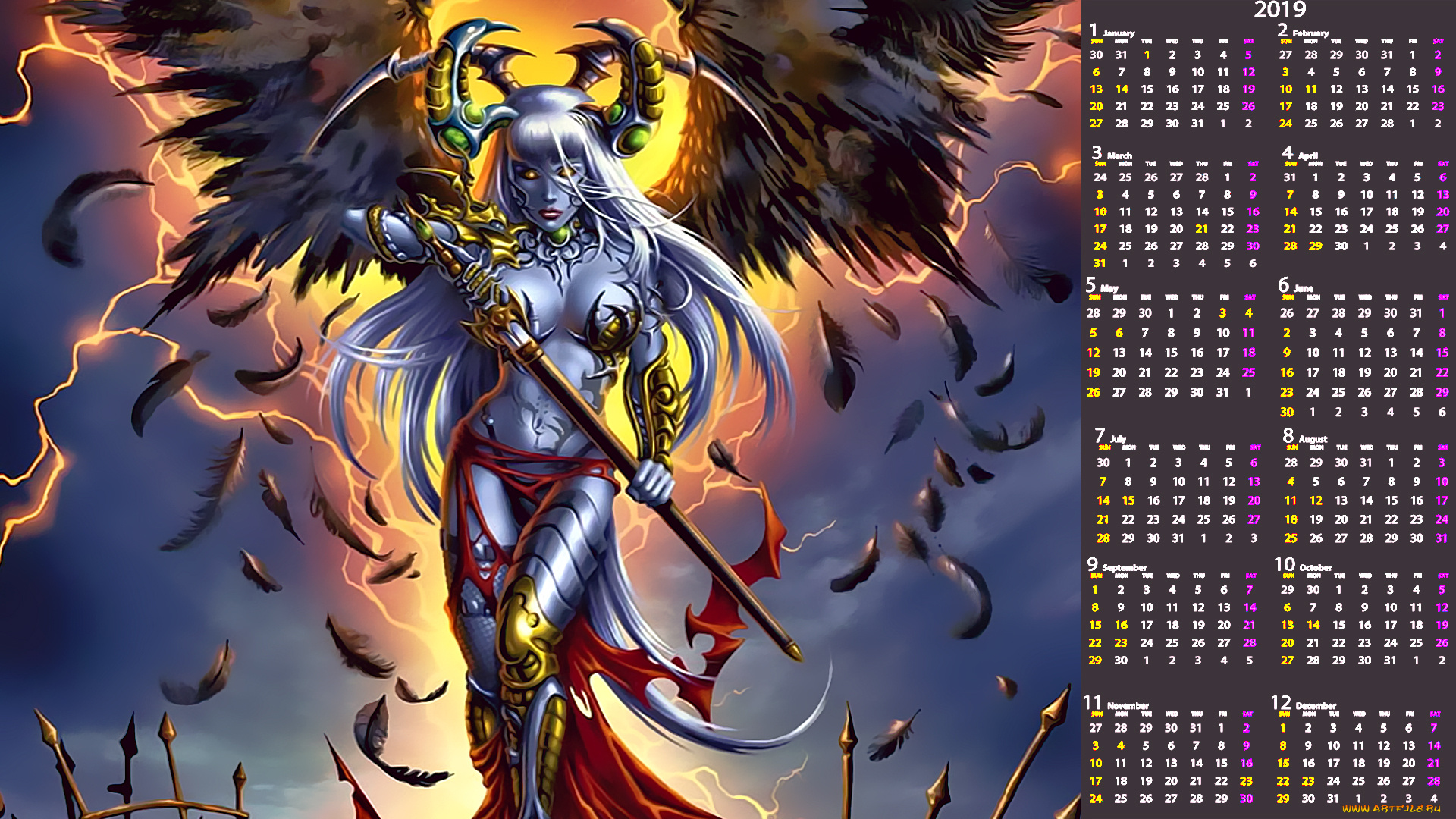 календари, фэнтези, перо, оружие, рога, крылья, женщина