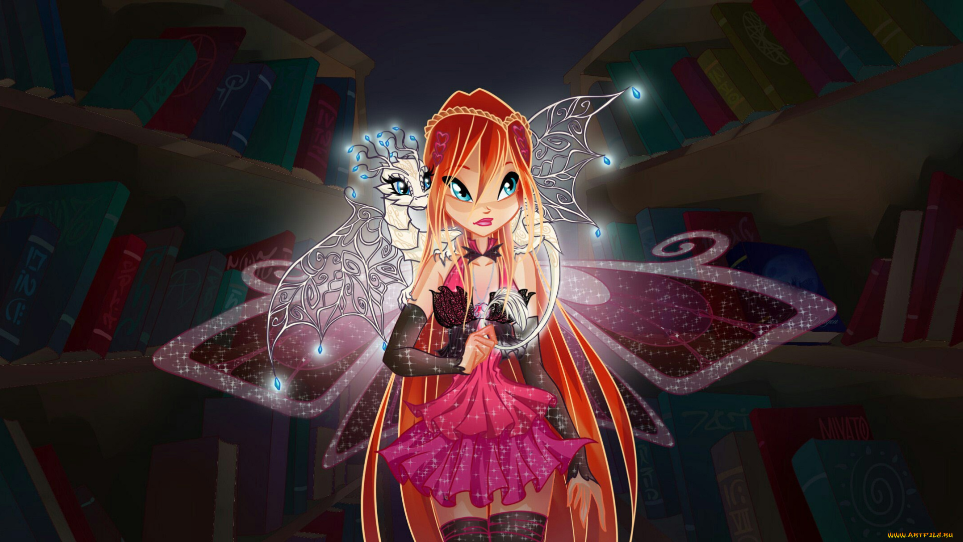мультфильмы, winx, club, блум, книги, дракон, крылья, библиотека, фея