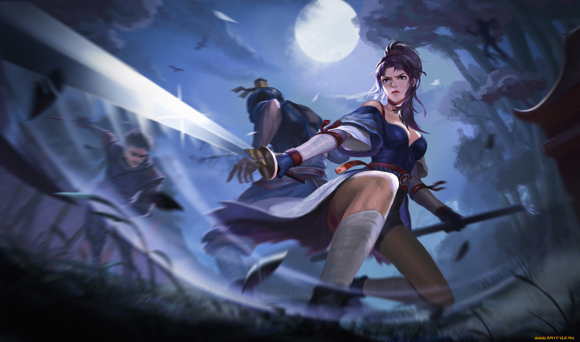фэнтези, девушки, аниме, бой, луна, оружие, поза, ночь, девушка, взгляд, арт