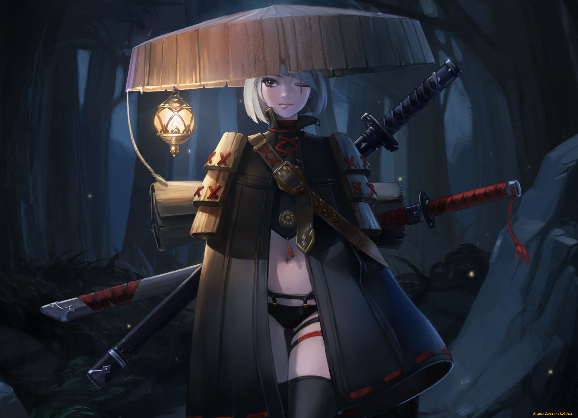 аниме, оружие, , техника, , технологии, ремень, фонарь, арт, ночь, япония, девушка, взгляд