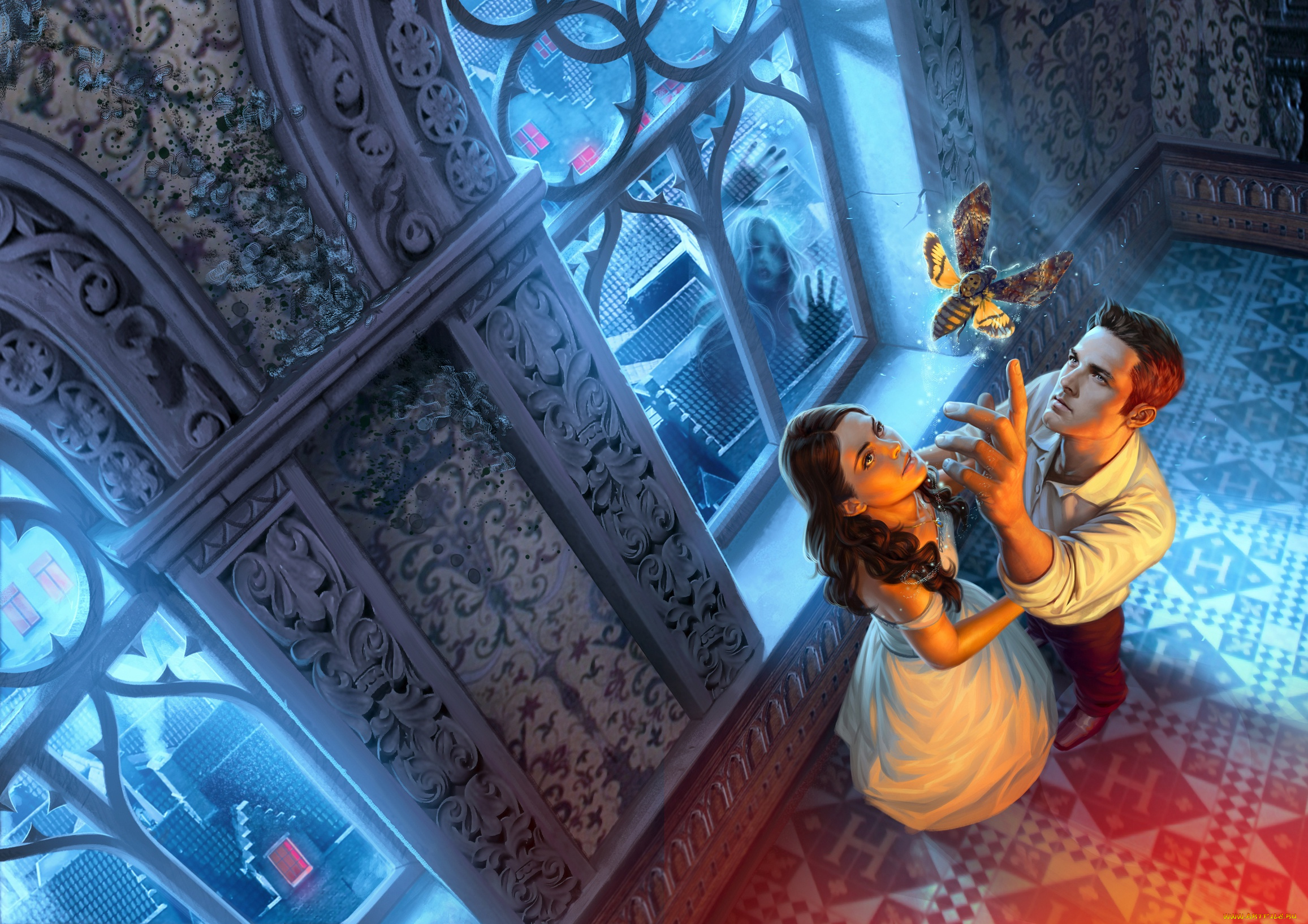 фэнтези, люди, витражи, насекомое, парень, арт, окна, девушка