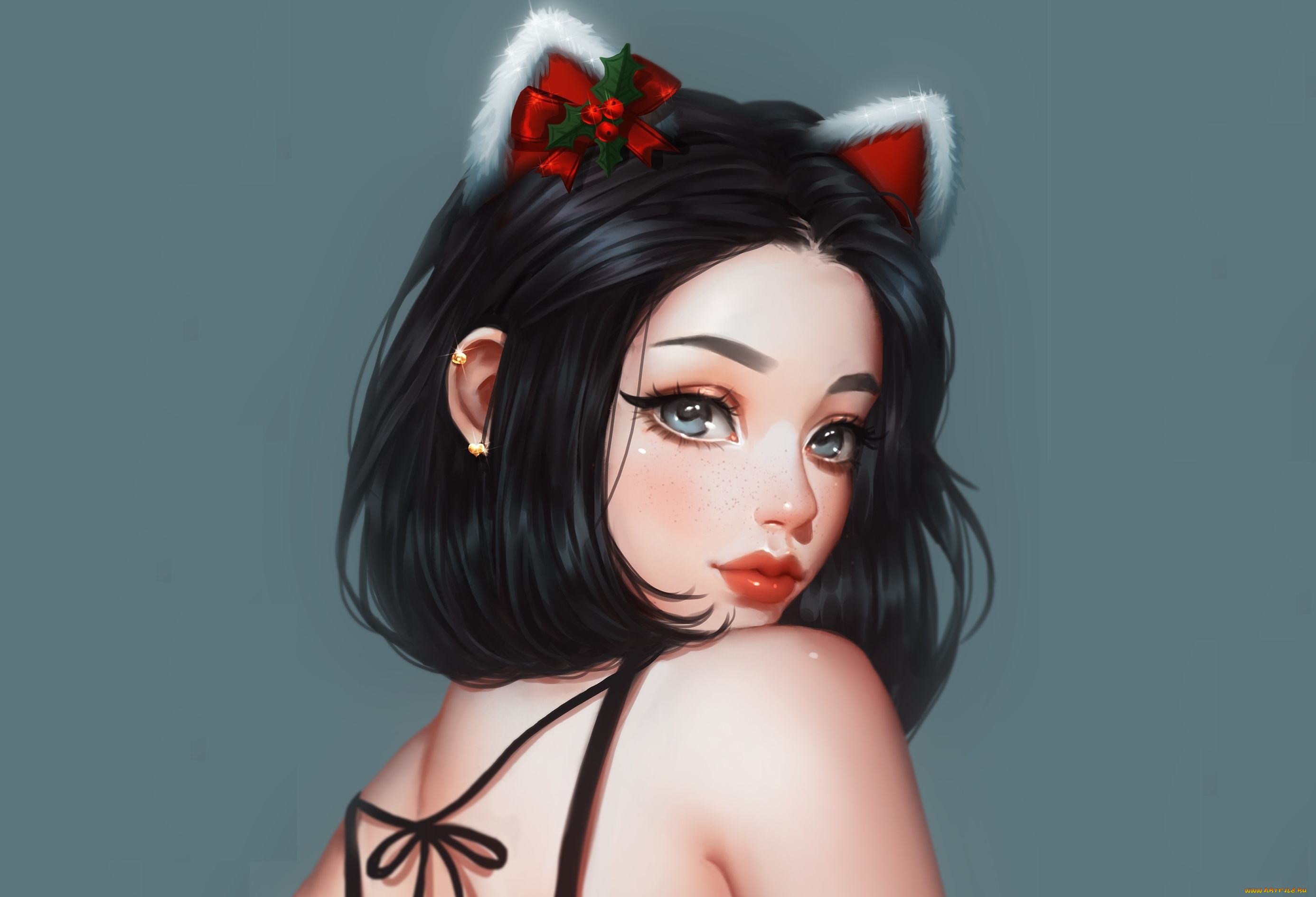 аниме, животные, , существа, взгляд, девушка, лицо, фон, спина, арт, christmas, ушки