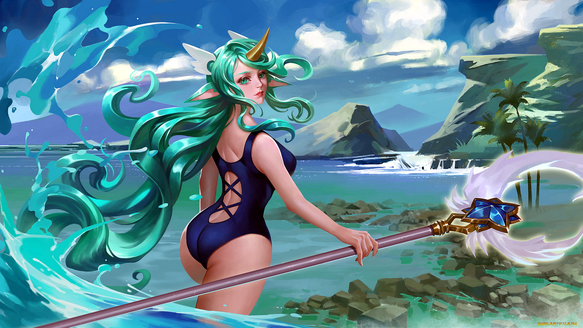 видео, игры, league, of, legends, сорака, рог, посох, купальник, море, горы