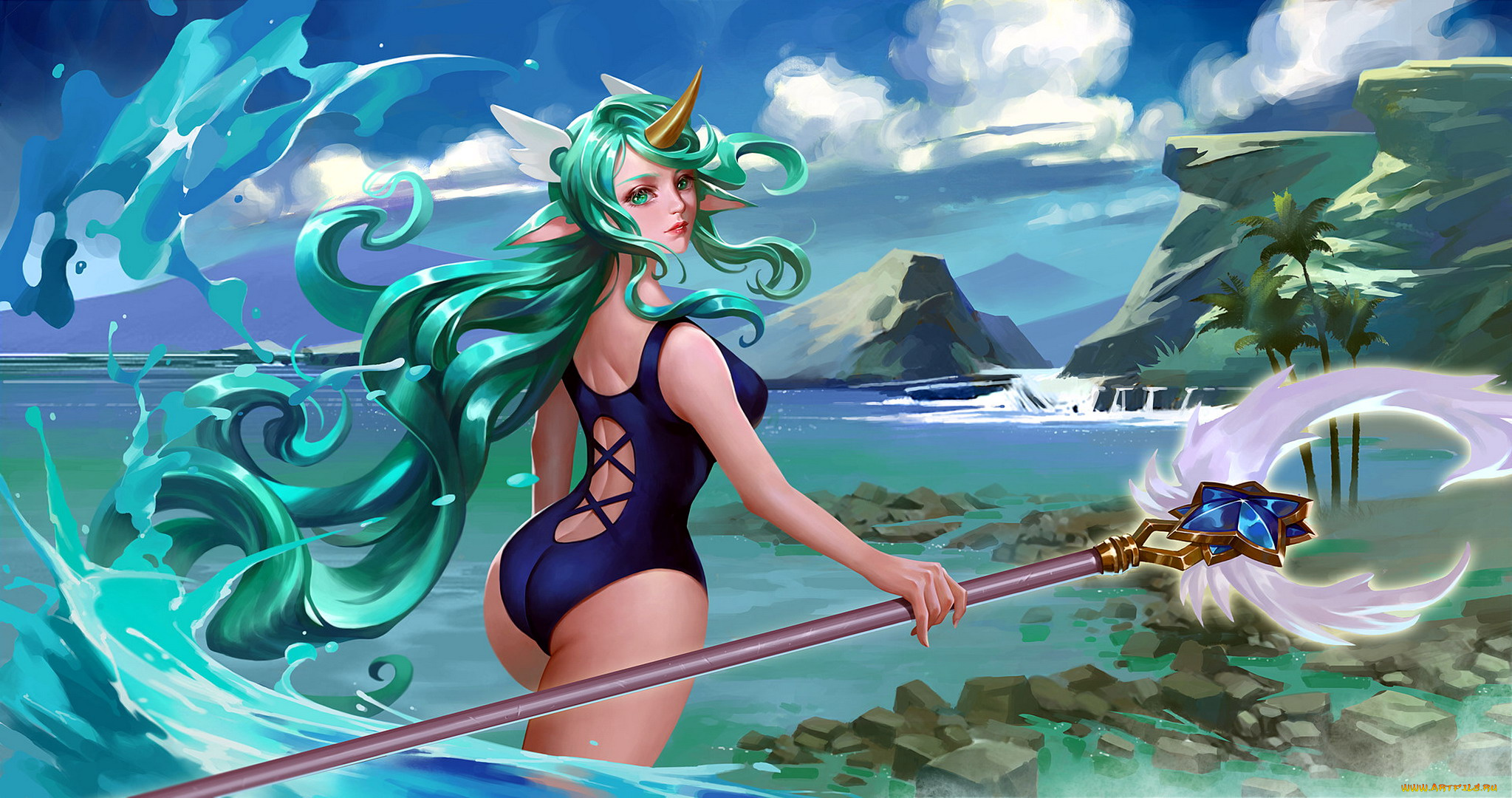 видео, игры, league, of, legends, сорака, рог, посох, купальник, море, горы
