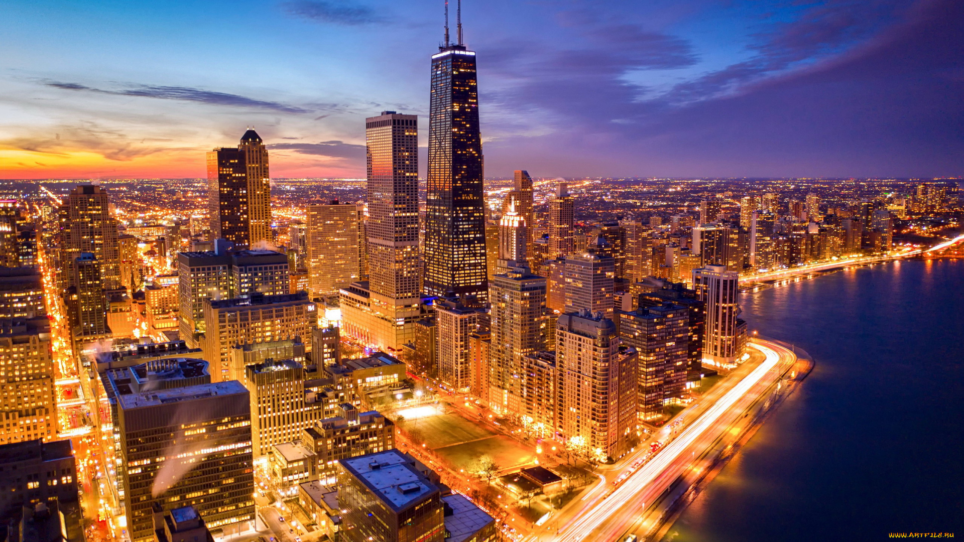 города, чикаго, , сша, панорама, вечер, огни