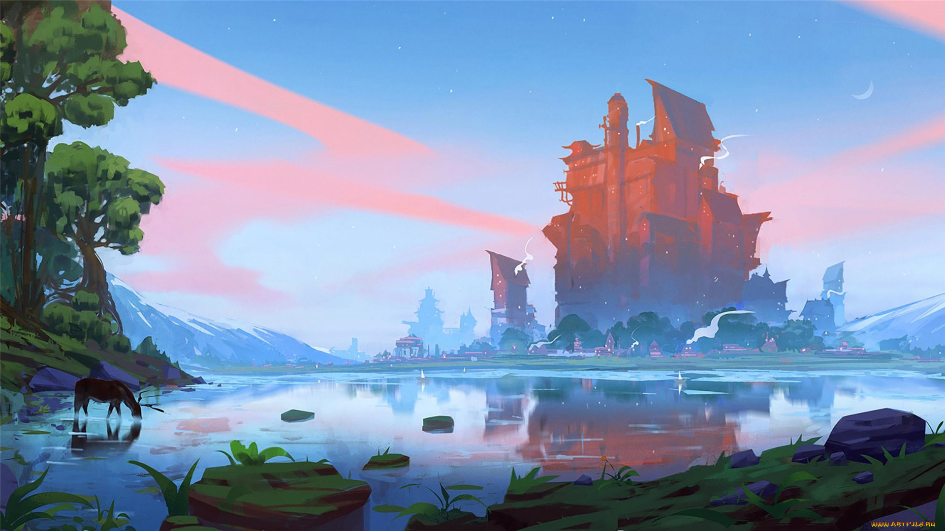 рисованное, денис, истомин, лес, горы, озеро, олень, камни, дома, здания