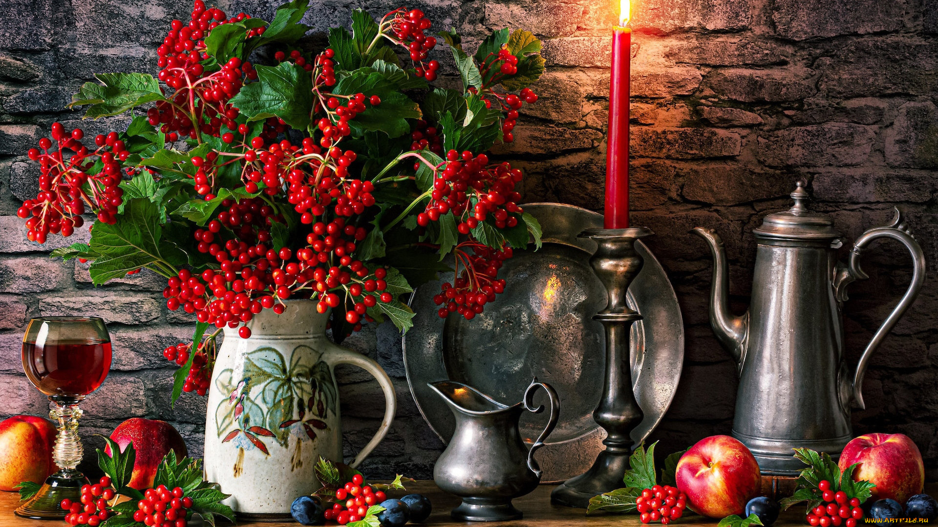 еда, натюрморт, блюдо, свеча, сливы, рябина, вино, нектарины