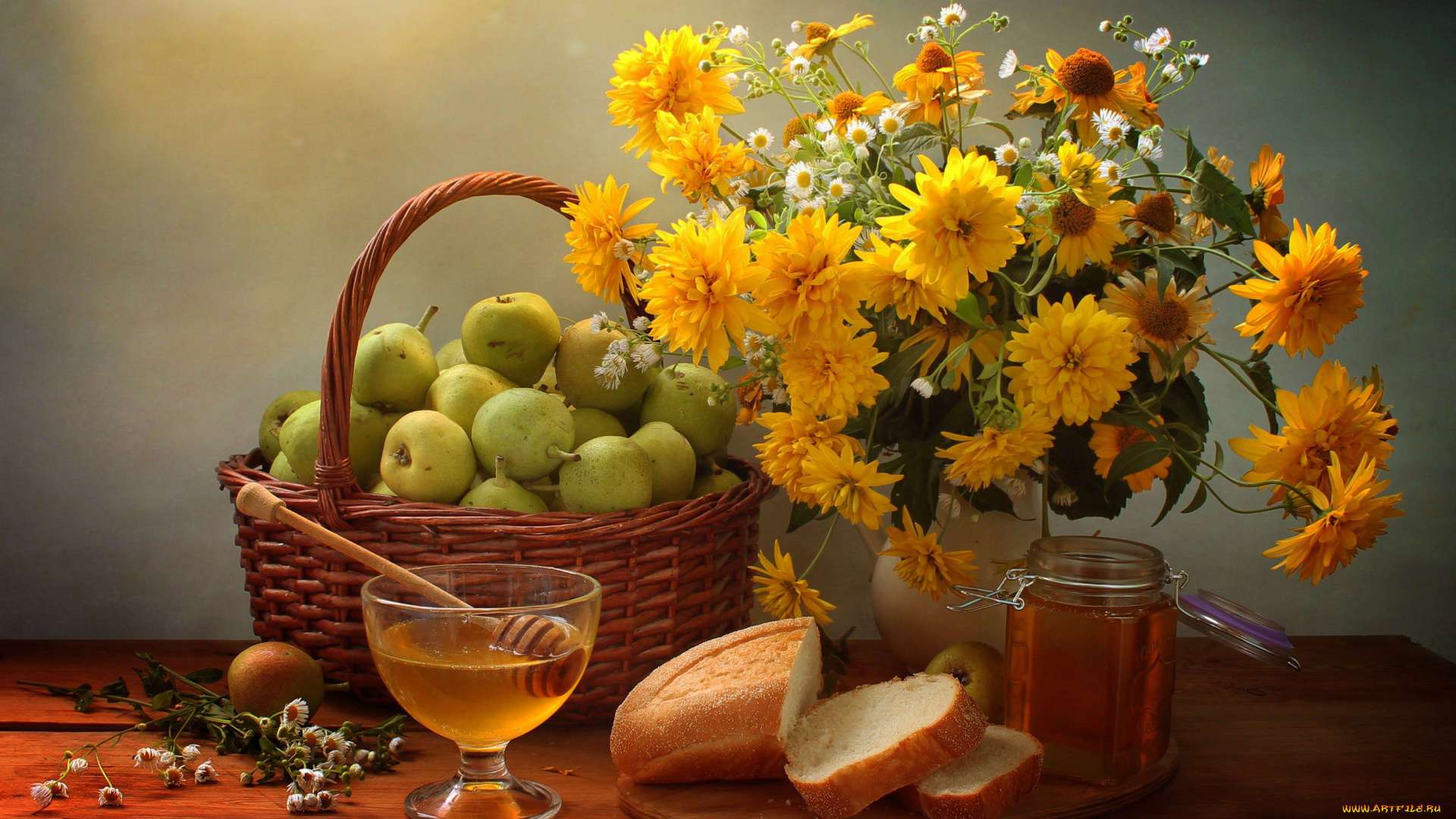 еда, натюрморт, букет, корзинка, мед, хлеб