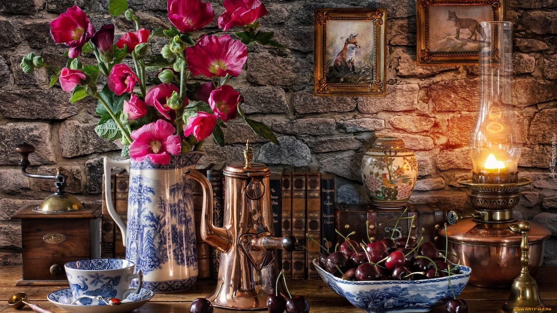 еда, вишня, , черешня, лампа, кофемолка, букет, мальвы, вишни, миска