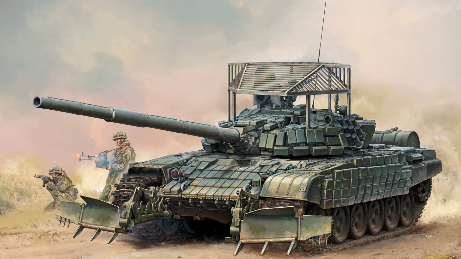 техника, военная, техника, ссср, россия, вс, россии, основной, боевой, танк, обт, chen, т-72б1, бронетанковые, войска, mbt, минный, трал, мишина, разминирования, t-72b1, with, kmt-6, and, cage, armour