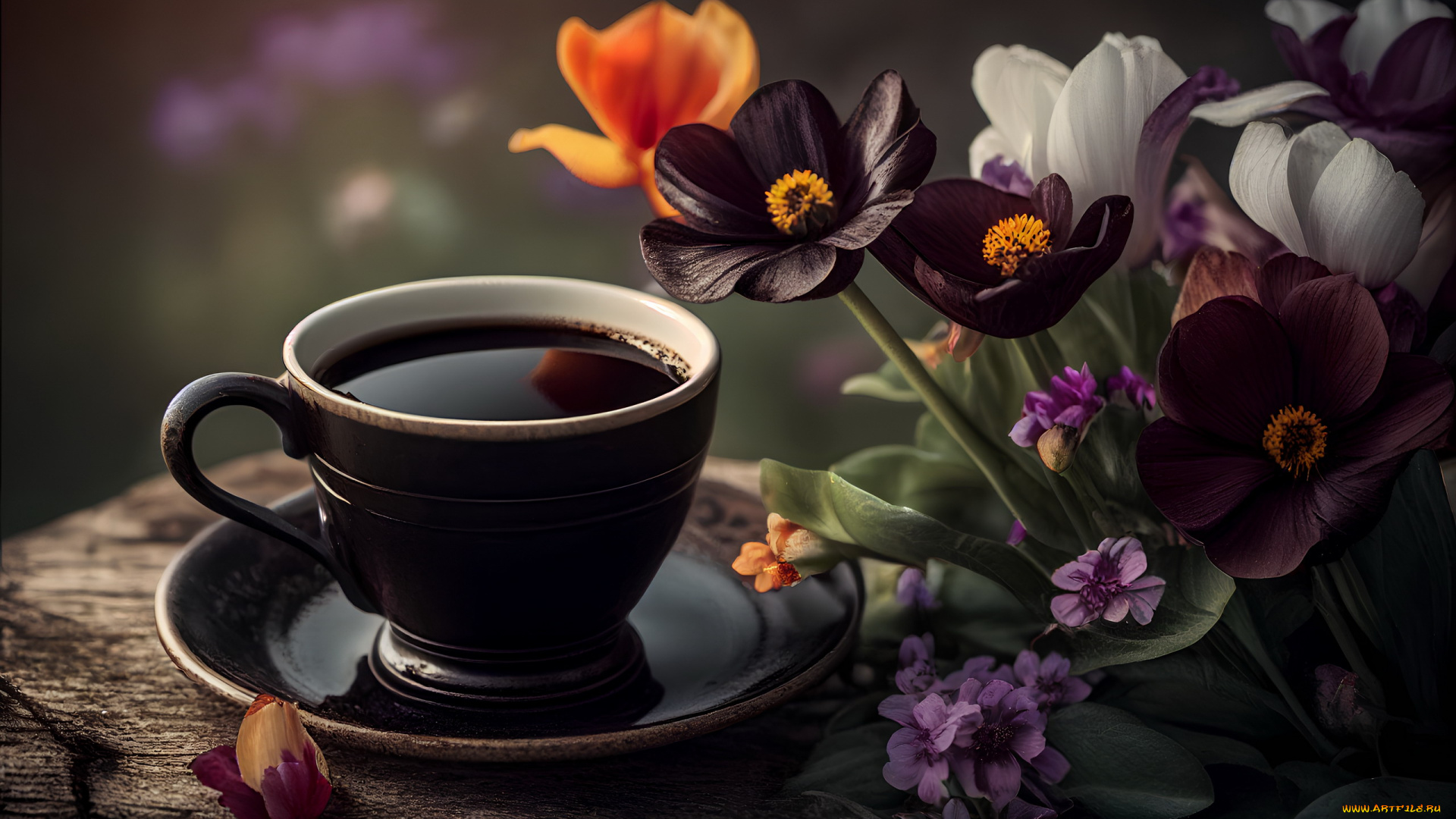 еда, кофе, , кофейные, зёрна, цветы, чашка, блюдце